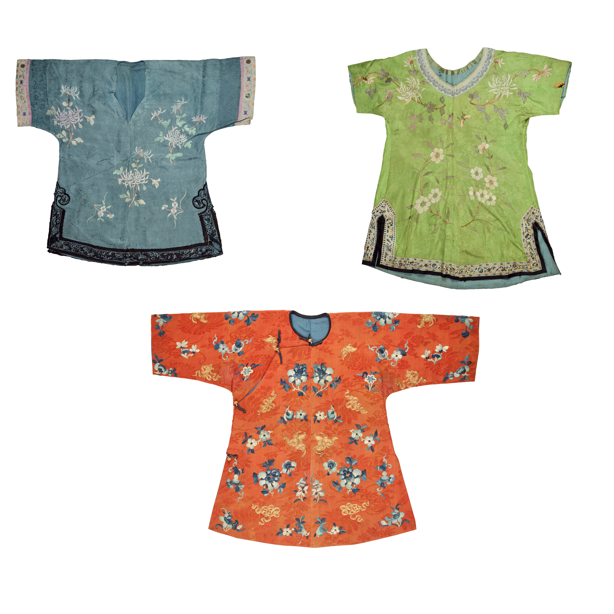 CHINESE SILK EMBROIDERED CHILD'S ROBE AND TWO REFASHIONED BLOUSES