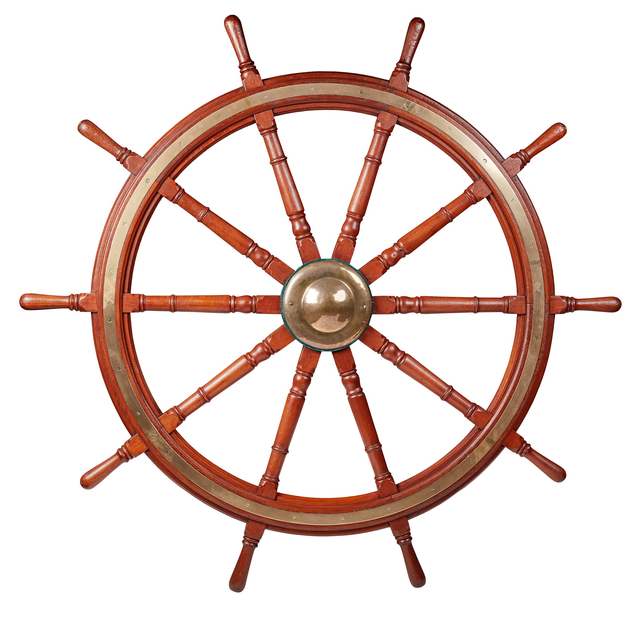 LARGE 6 1/2 FOOT TEAK, BRASS AND IRON SHIP'S WHEEL
