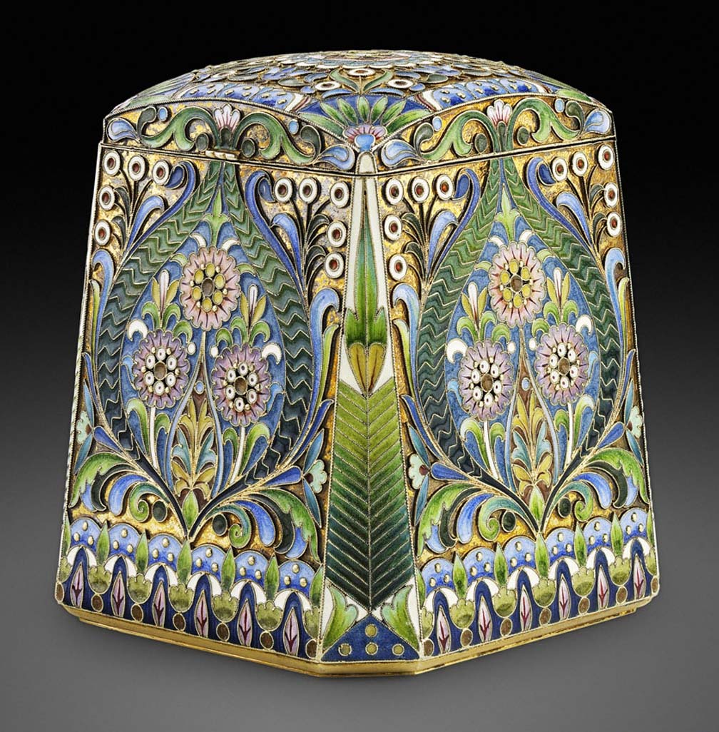 A Russian silver-gilt and shaded cloisonné enamel tea-caddy
