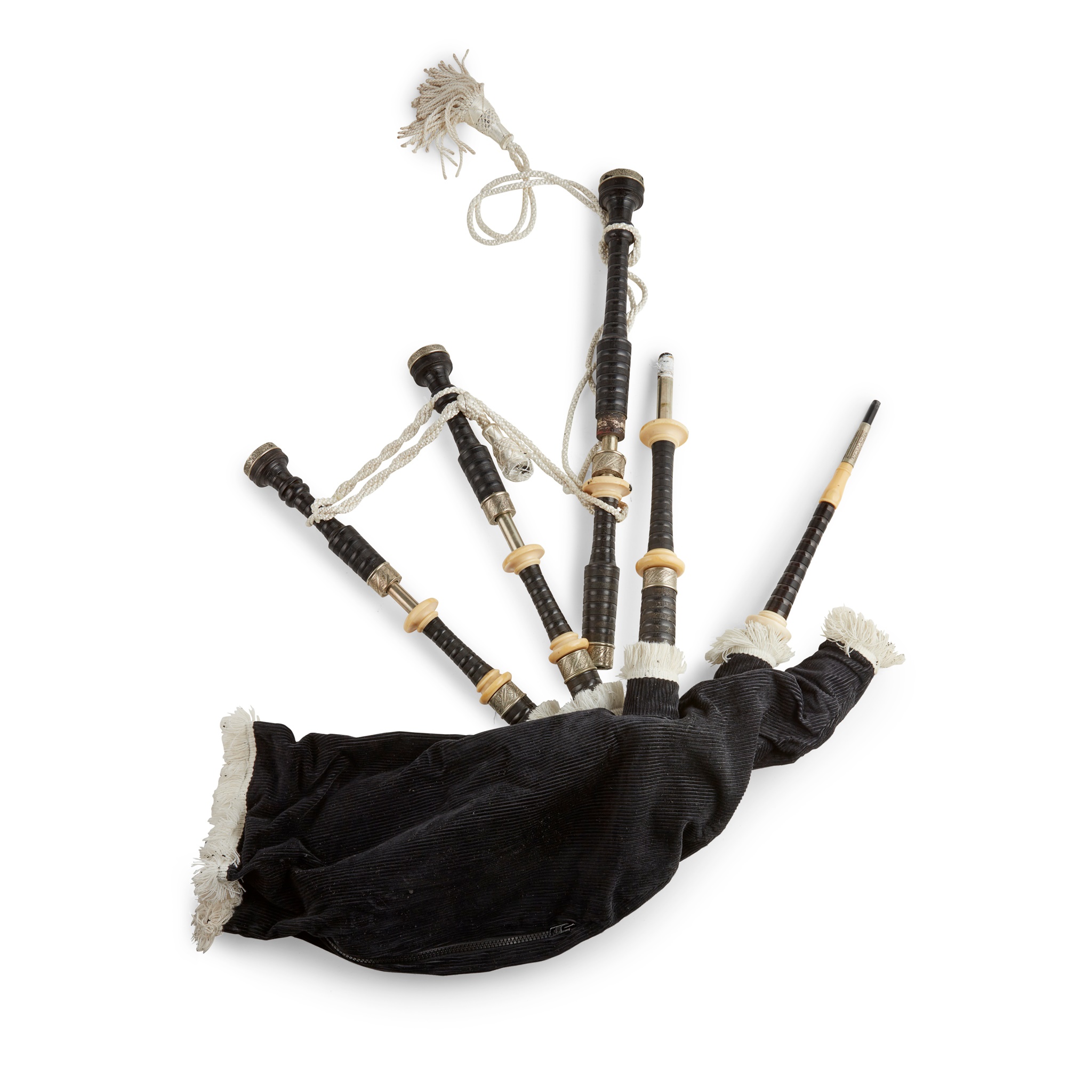 A SET OF SILVER PLATED AND IVORY MOUNTED BAGPIPES