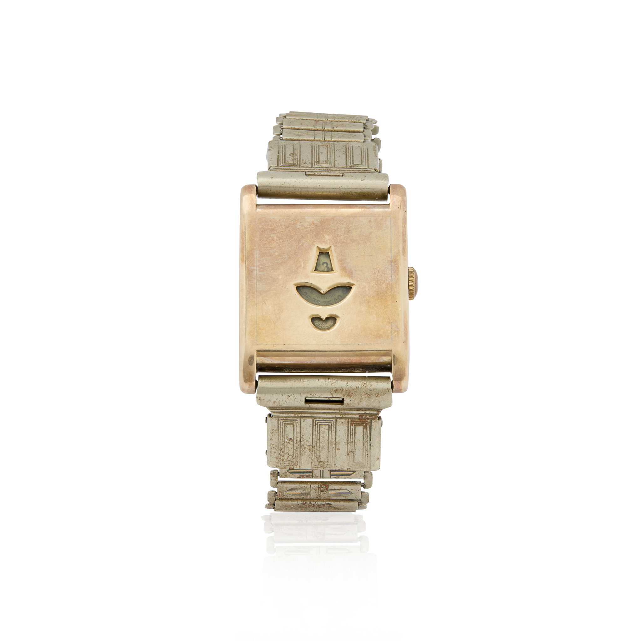 Arcadia, Swiss. An unusual 14k gold rectangular mechanical digitial wristwatch