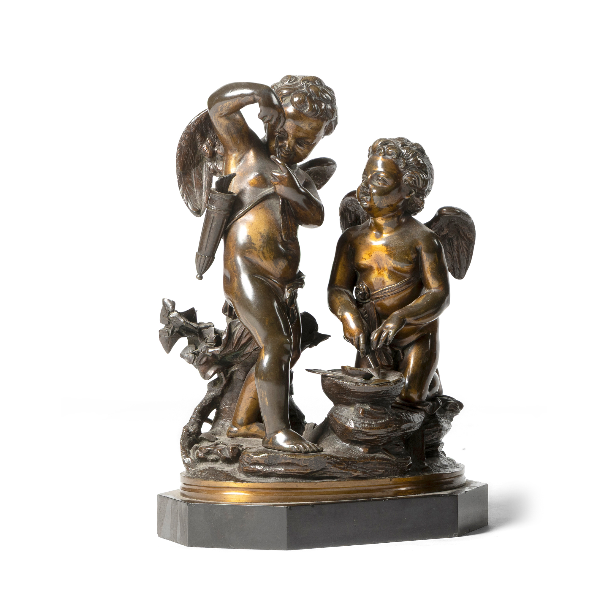 A BRONZE FIGURE GROUP OF CUPIDS FORGING ARROWS OF LOVE, AFTER ETIENNE MAURUCE FALCONET (FRENCH 1716-1791)