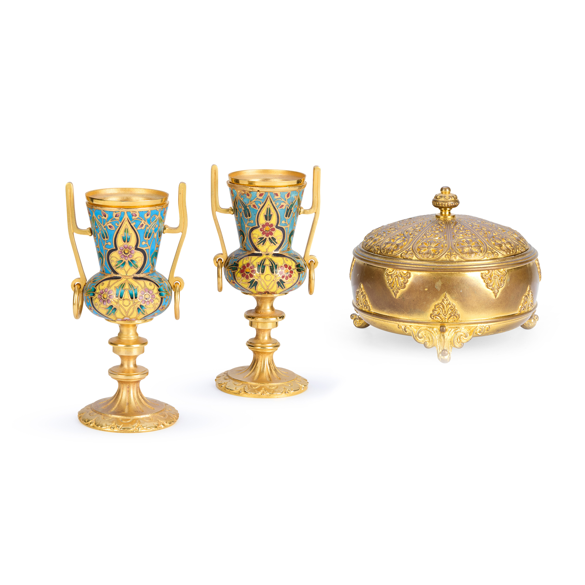 A PAIR OF SMALL FRENCH GILT BRONZE AND CHAMPLEVÉ ENAMEL URNS, BY BARBEDIENNE