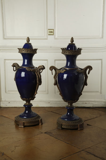 A large pair of blue porcelain and giltmetal mounted vases