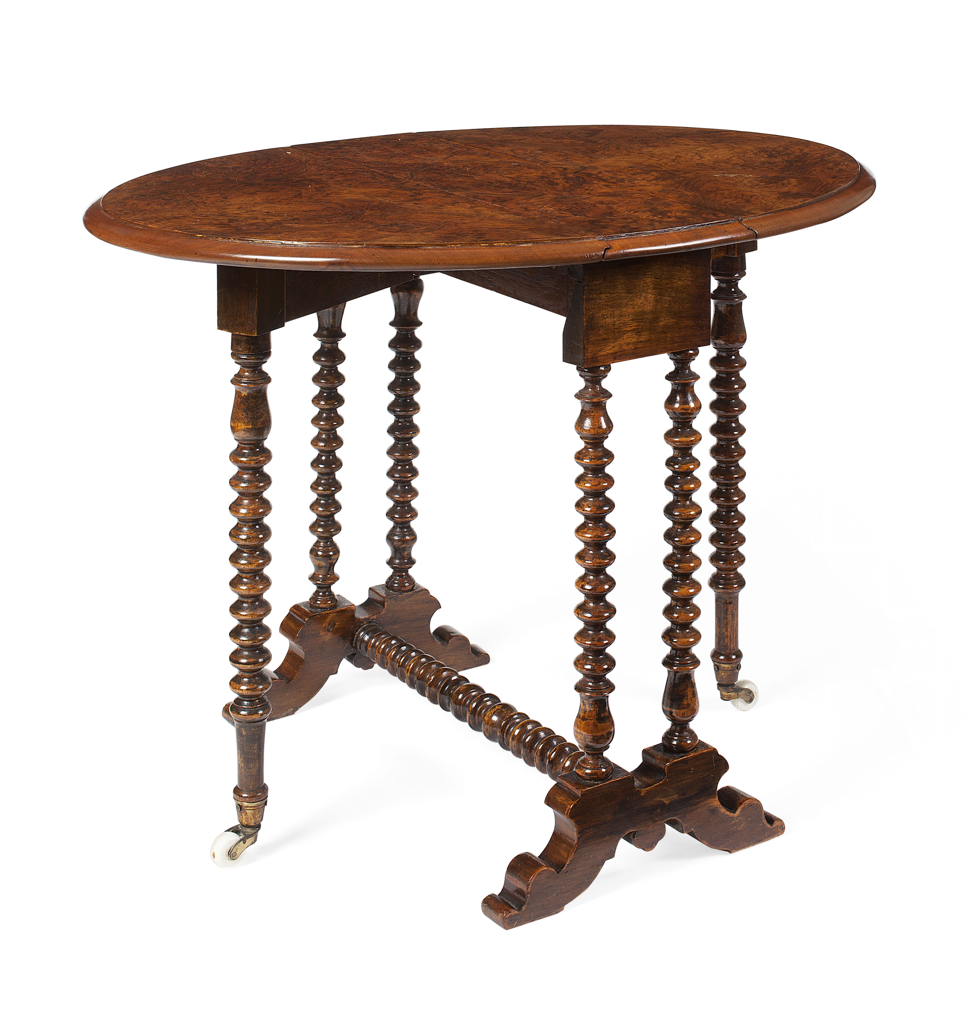 VICTORIAN DWARF BURR WALNUT AND ASH SUTHERLAND TABLE