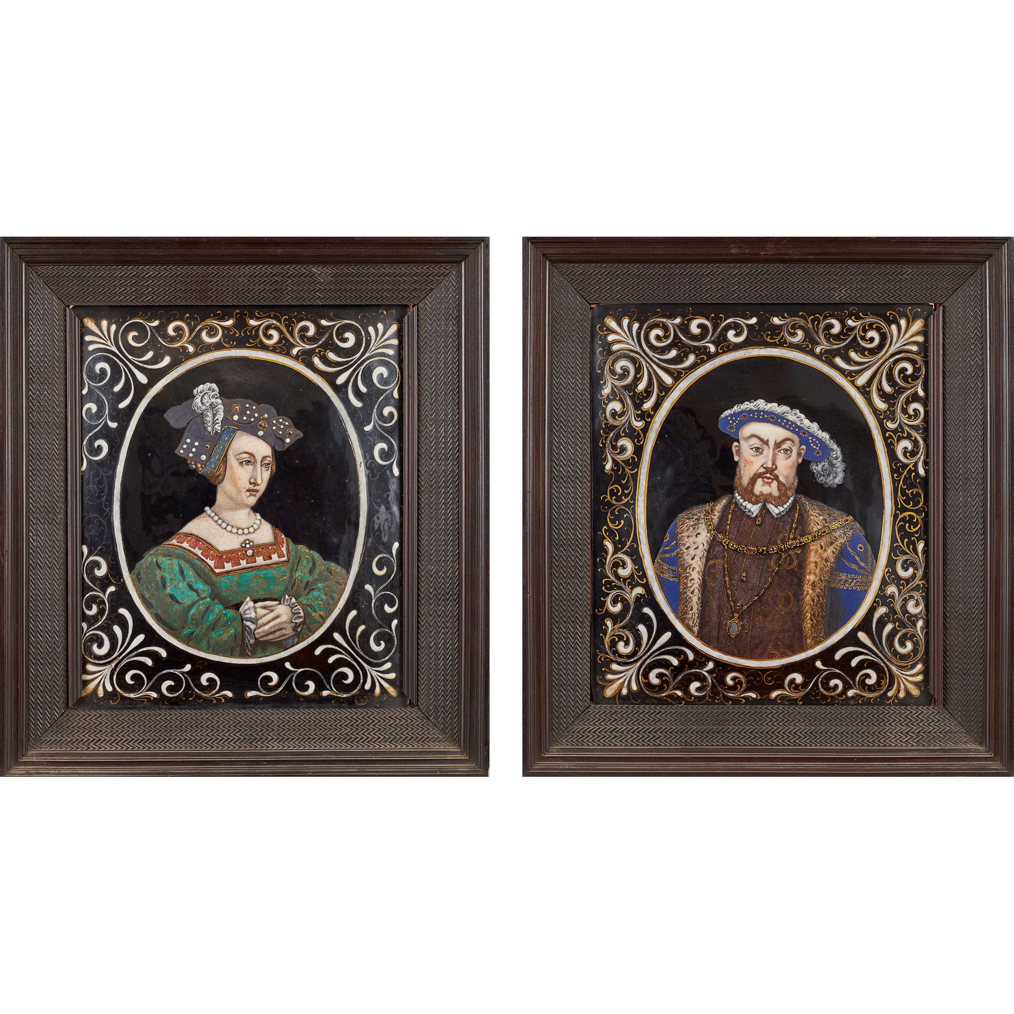 TWO LARGE LIMOGES ENAMEL ON COPPER PANELS OF HENRY VIII AND CATHERINE PARR