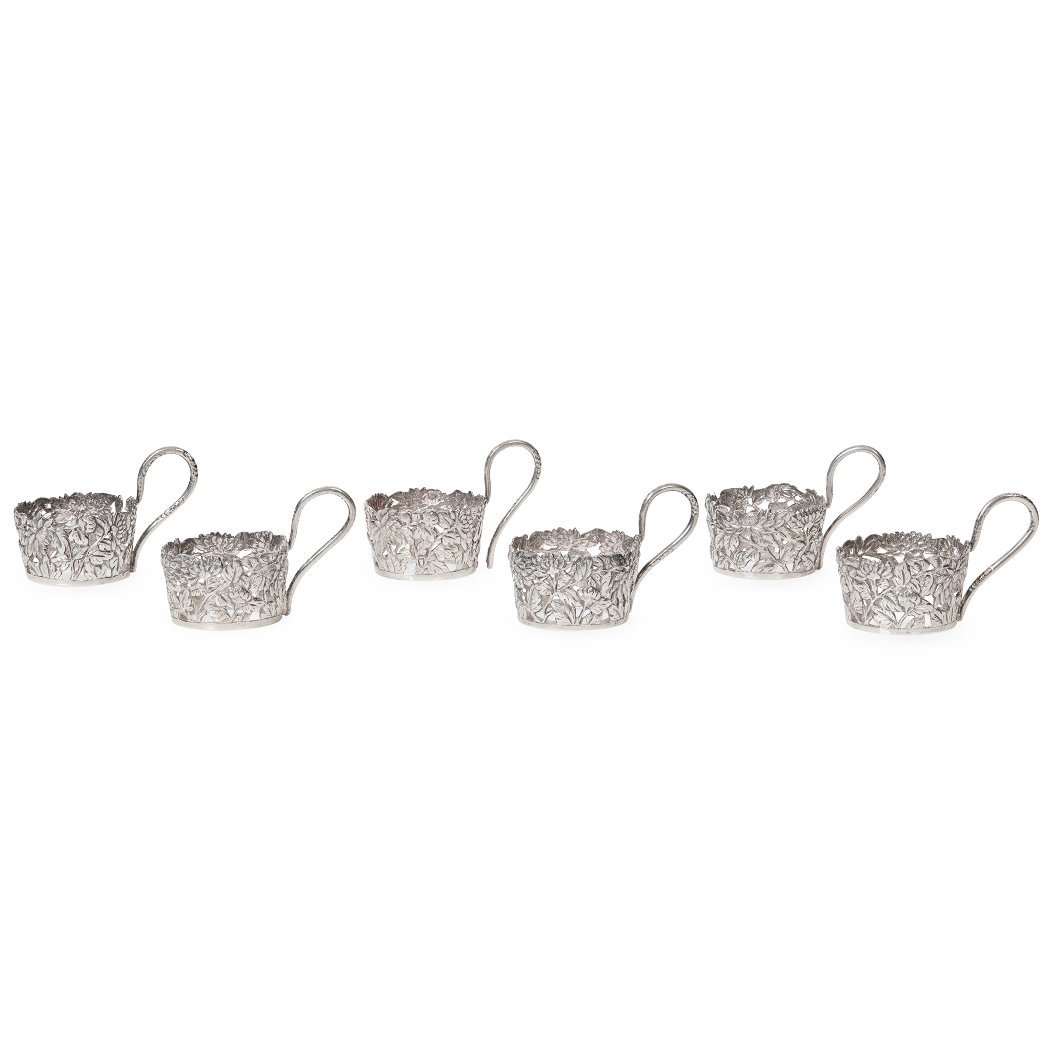 SET OF SIX CHINESE EXPORT SILVER TEA GLASS HOLDERS