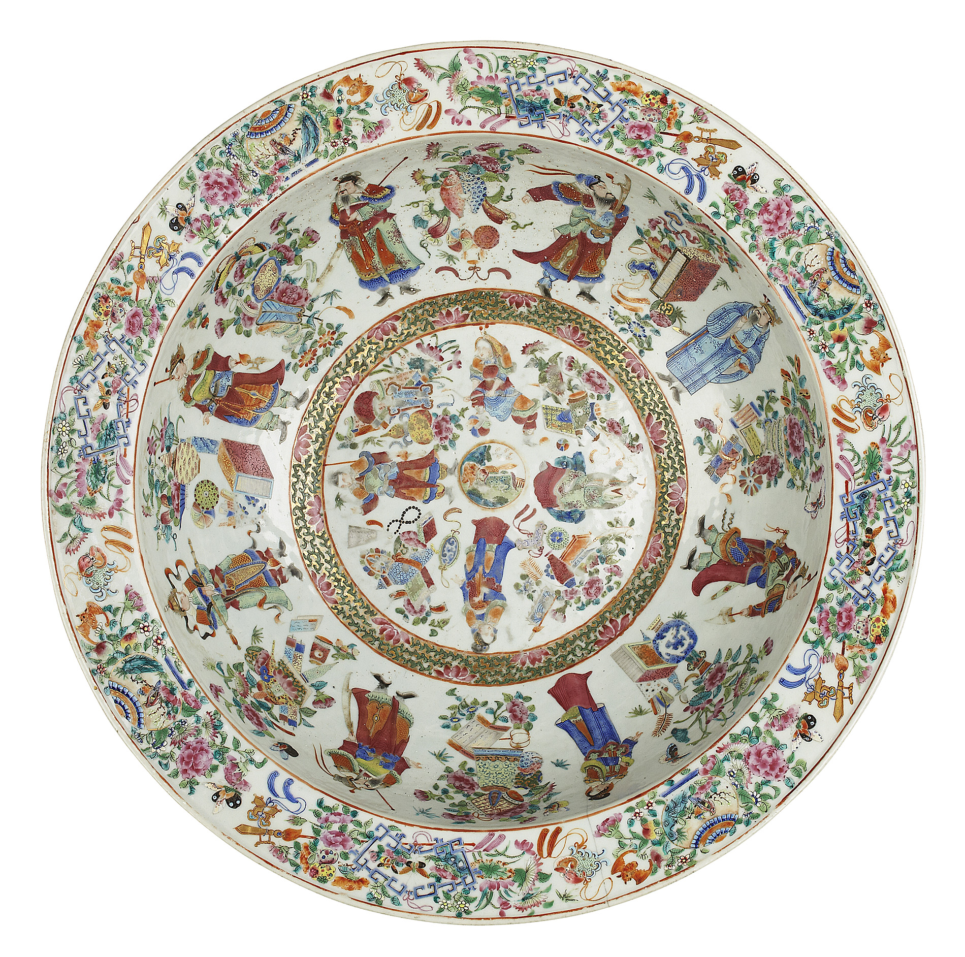 CHINESE EXPORT FAMILLE ROSE 'IMMORTALS' BASIN AND BOTTLE VASE