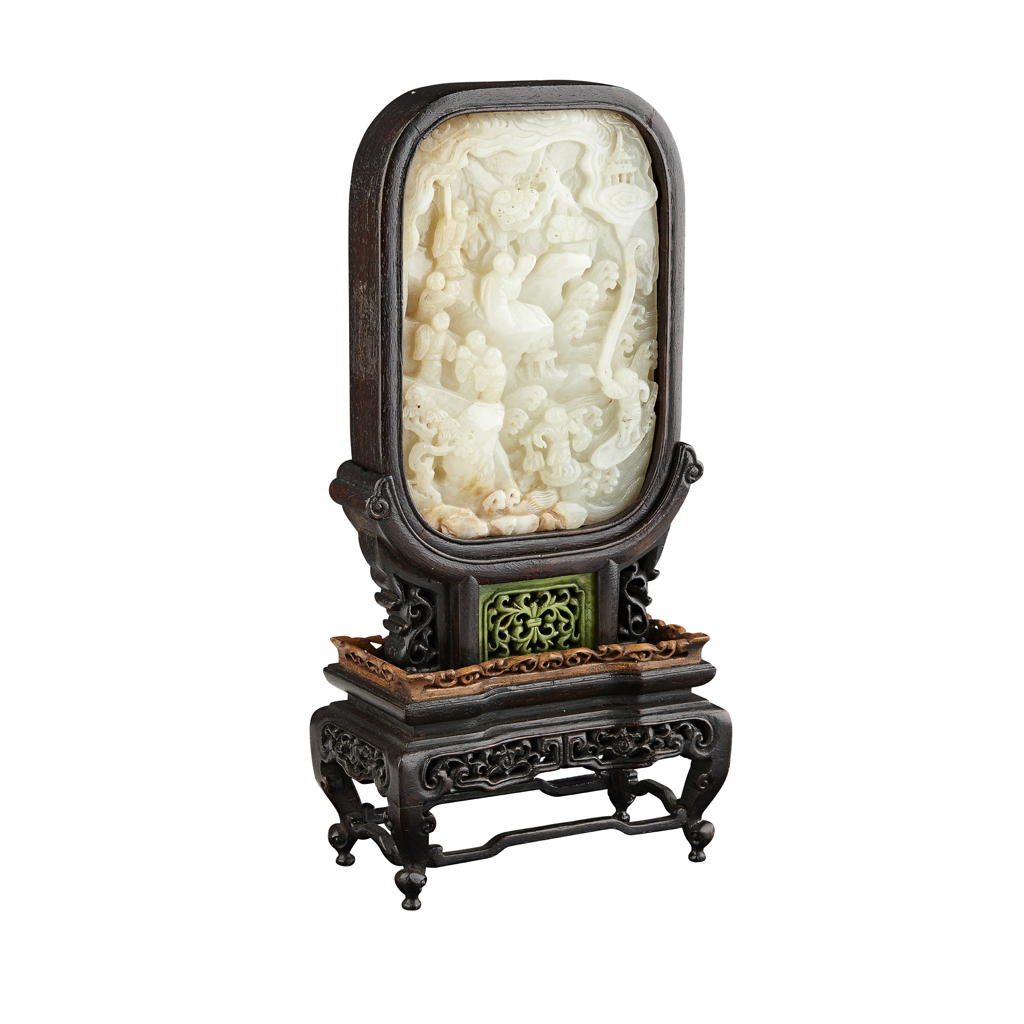 CARVED WHITE JADE PLAQUE MOUNTED AS A TABLE SCREEN