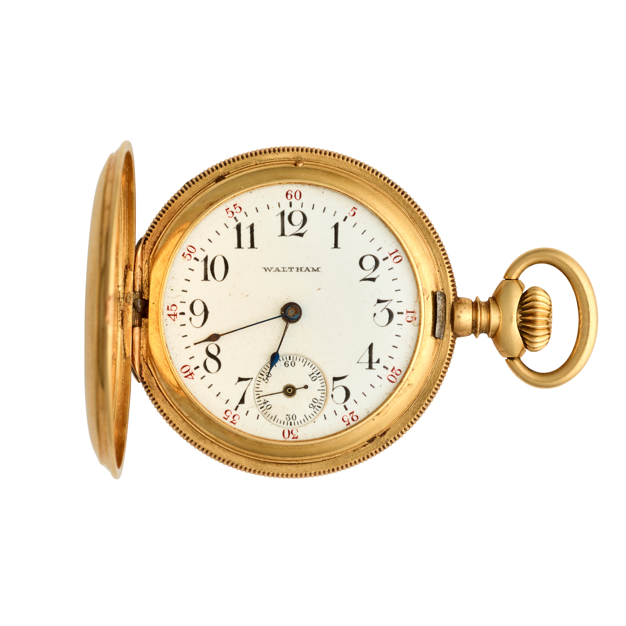 Waltham. An 18k gold keyless hunting cased fob watch