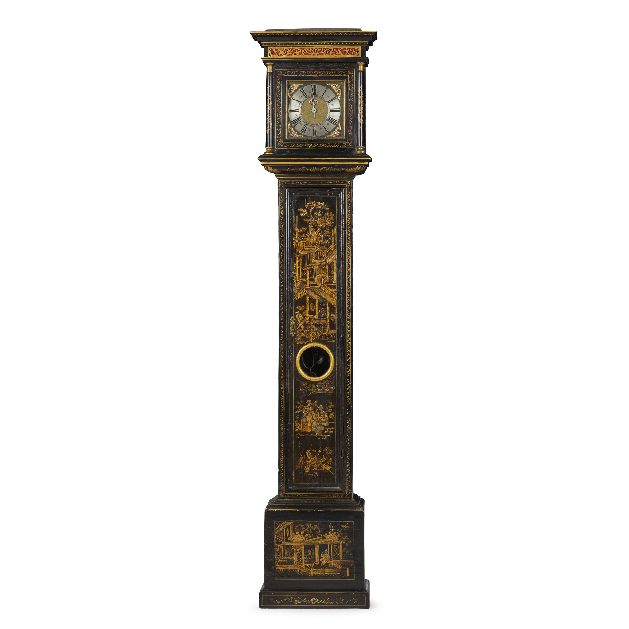 QUEEN ANNE BLACK AND GILT JAPANNED LONGCASE CLOCK, BY HENRY LINTOTT, FARNHAM