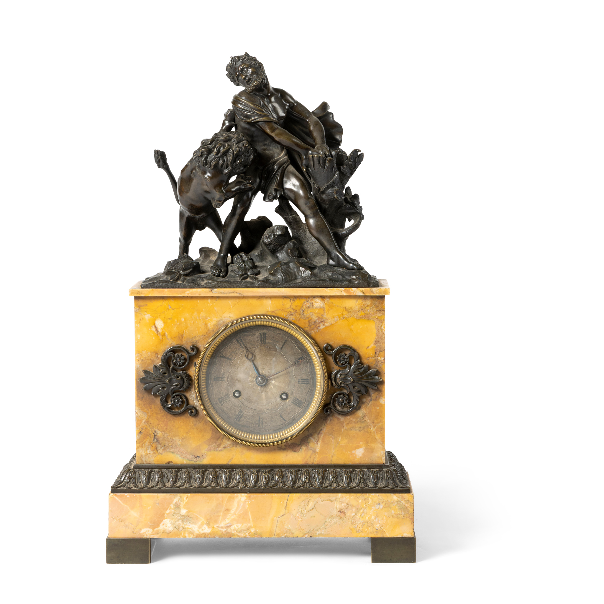A FRENCH BRONZE AND SIENNA MARBLE MANTEL CLOCK