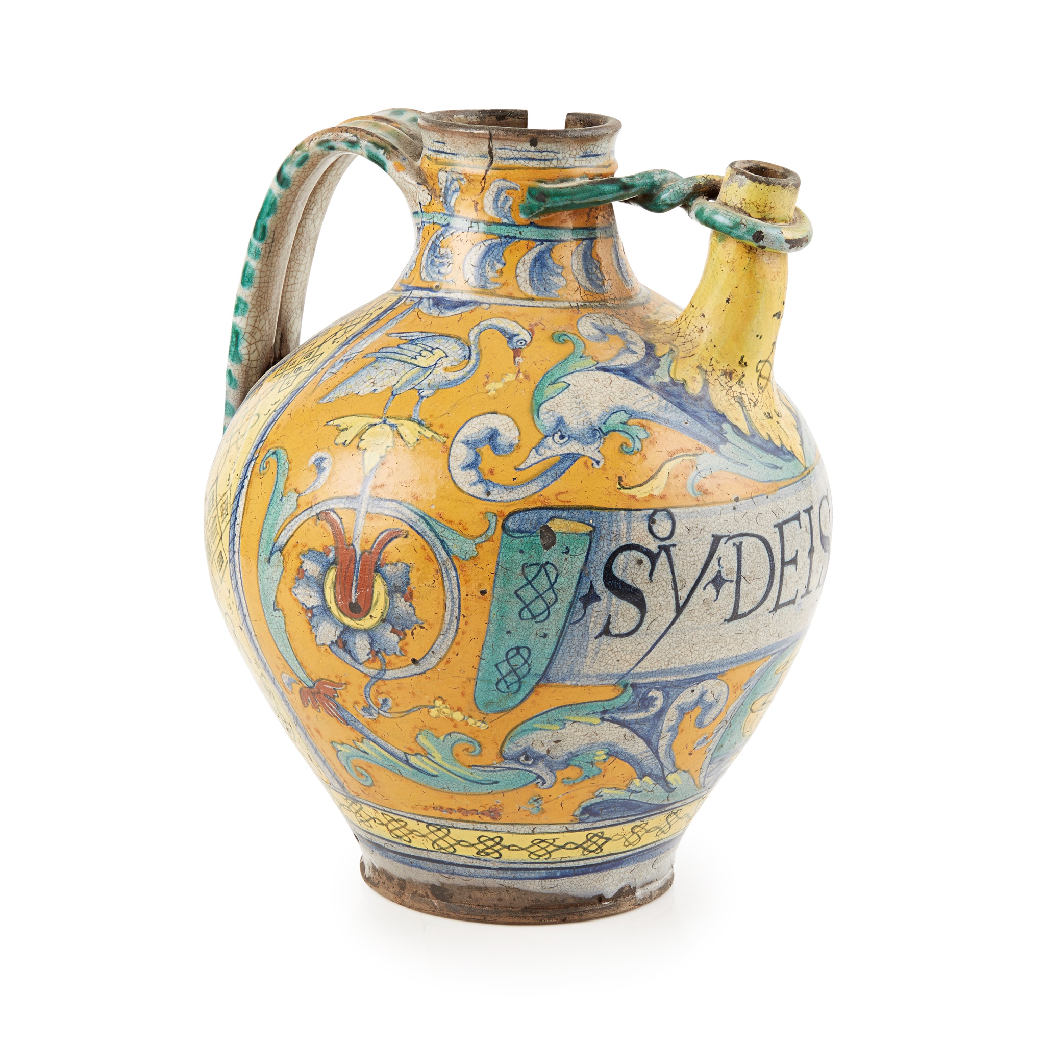 UNRECORDED ITALIAN MAIOLICA HANDLED SPOUTED DRUG JAR