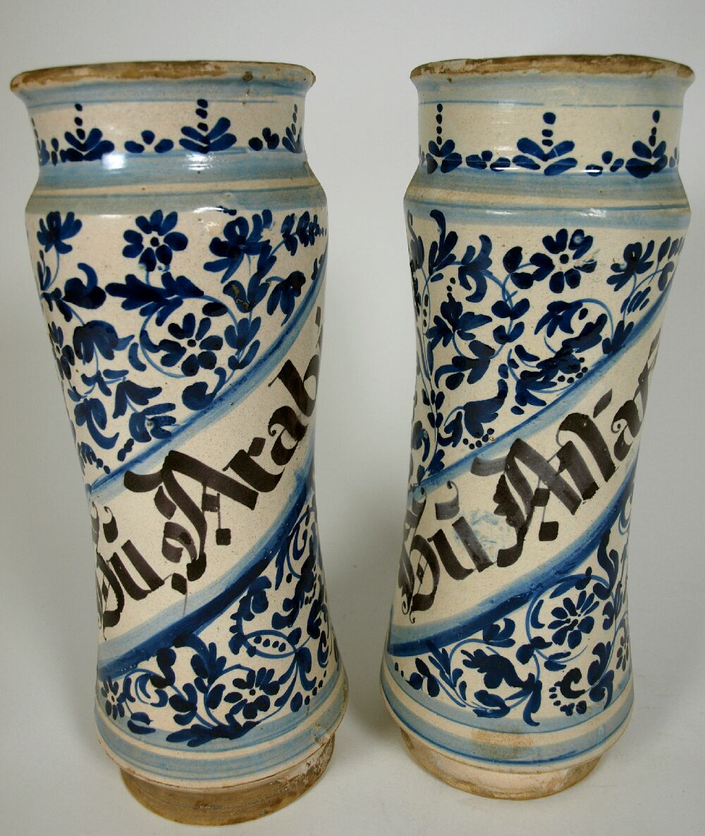 A pair of maiolica albarelli from Catalonia, probably second half of the 16th/early 17th century