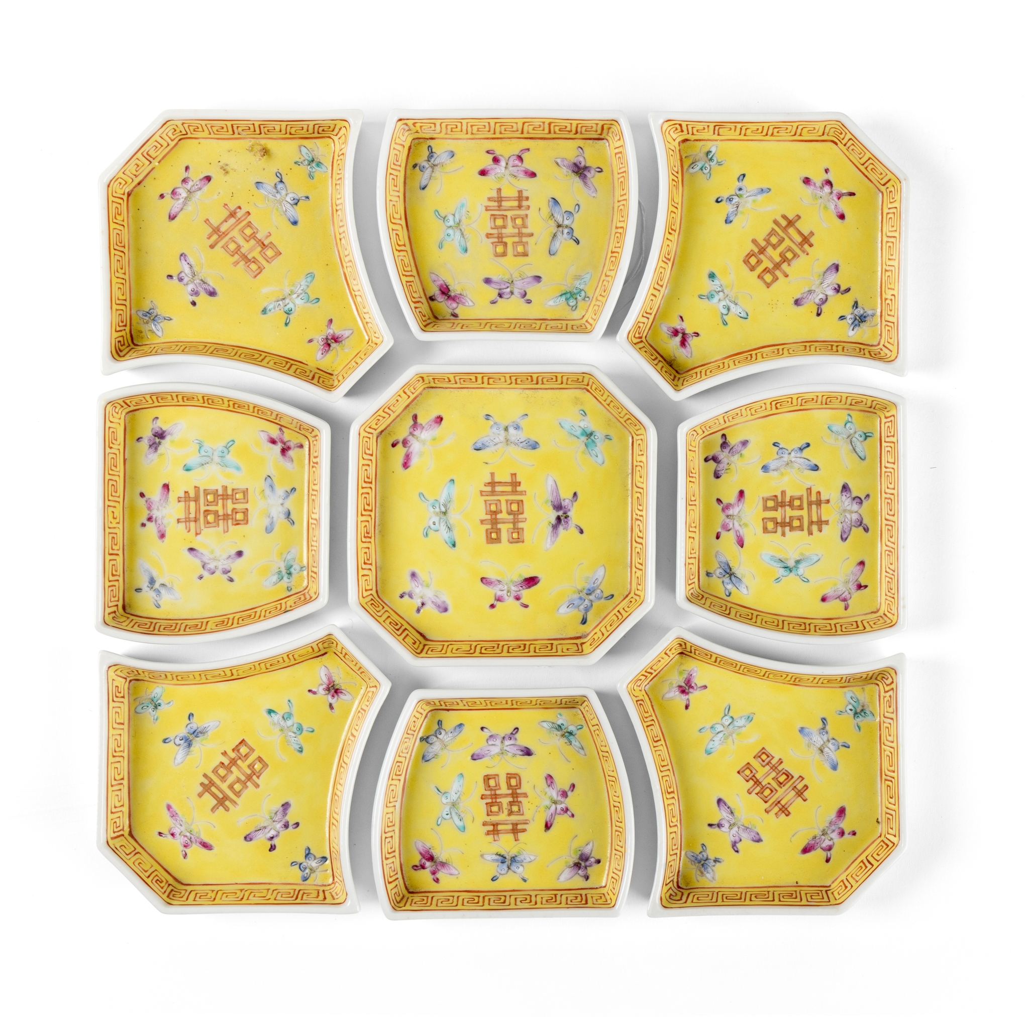 SET OF NINE CHINESE YELLOW-GROUND FAMILLE ROSE SWEETMEAT DISHES