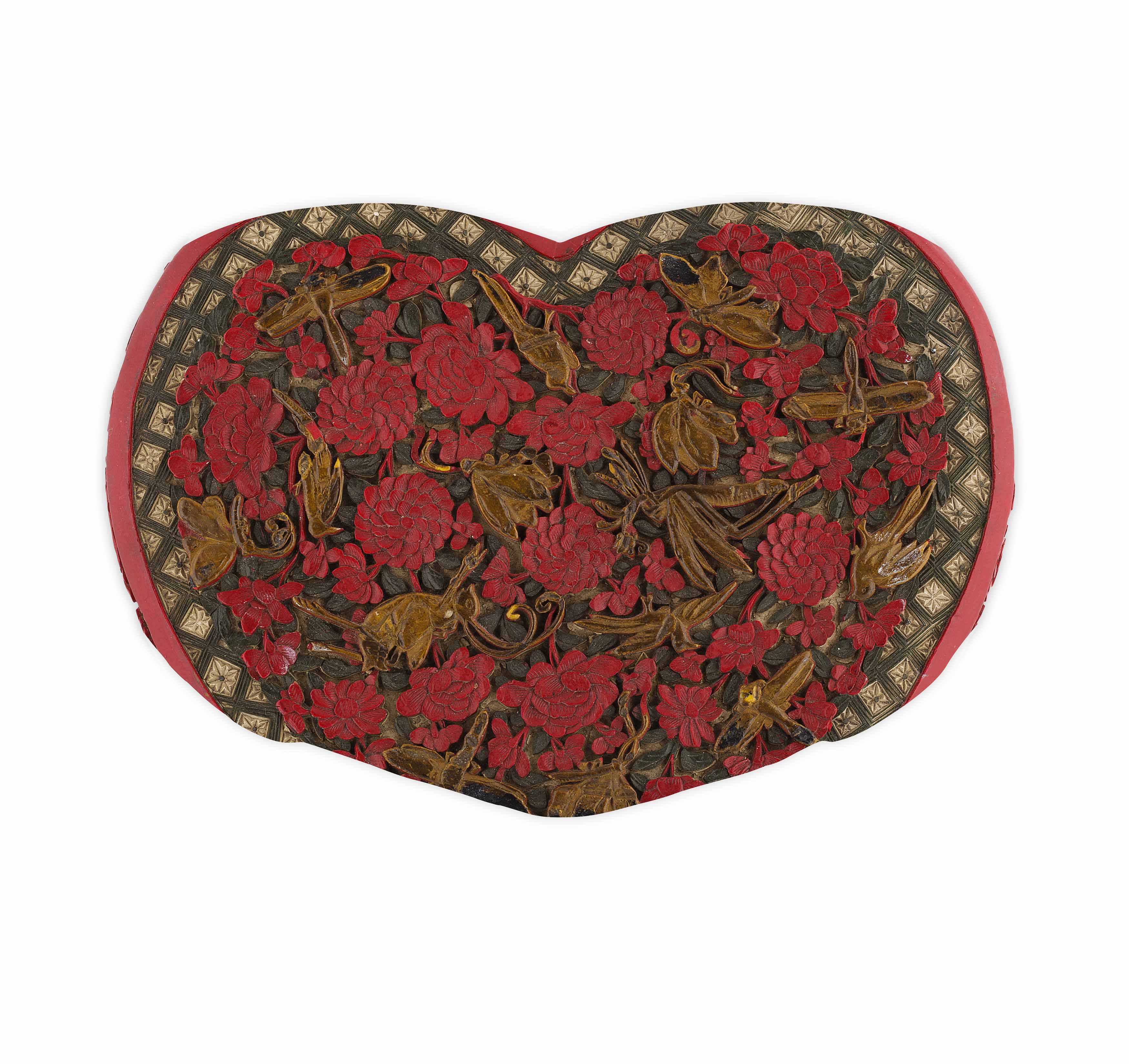 PEACH-FORM 'INSECTS AND FLOWERS' LACQUER BOX AND COVER