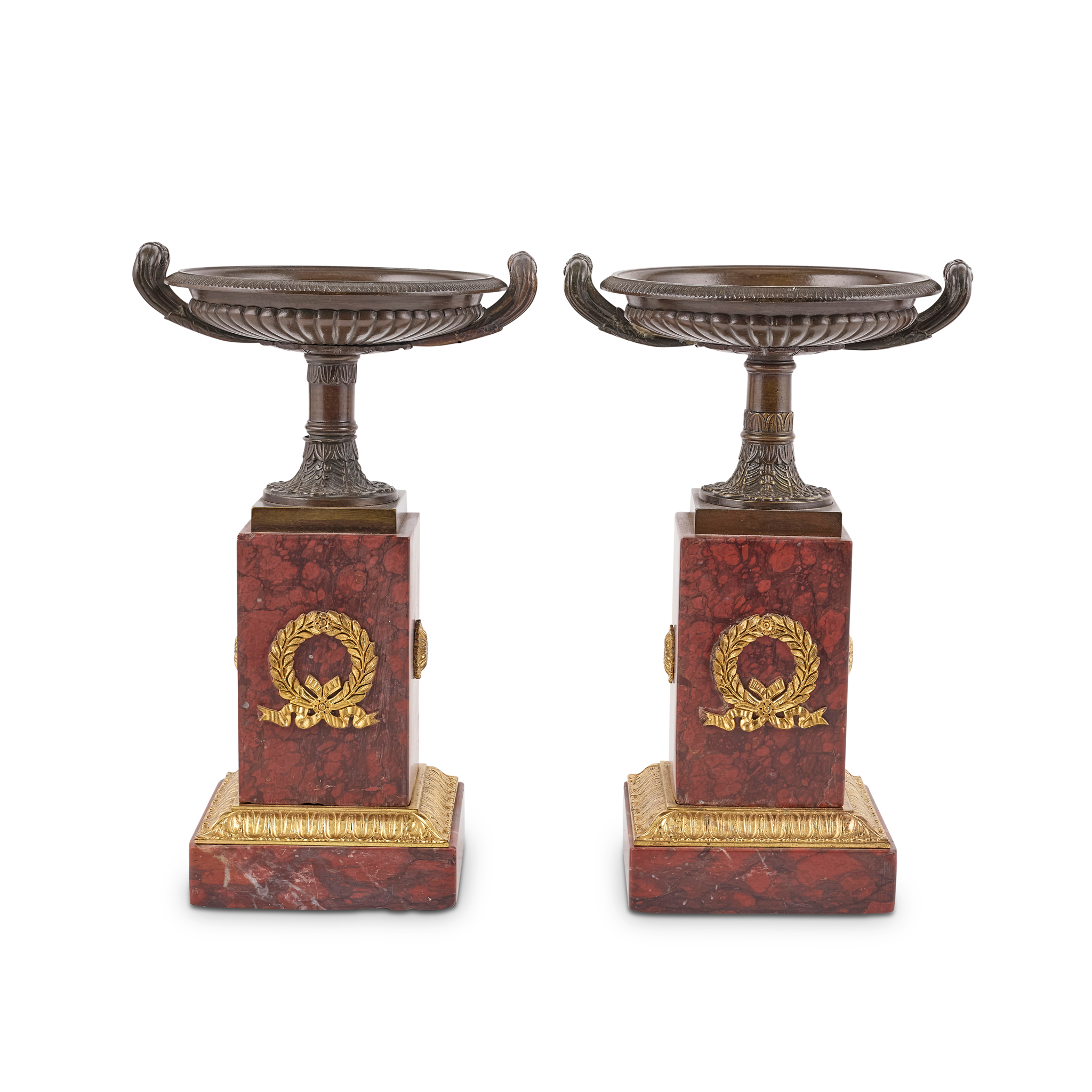 PAIR OF FRENCH EMPIRE PATINATED AND GILT BRONZE AND MARBLE TAZZA