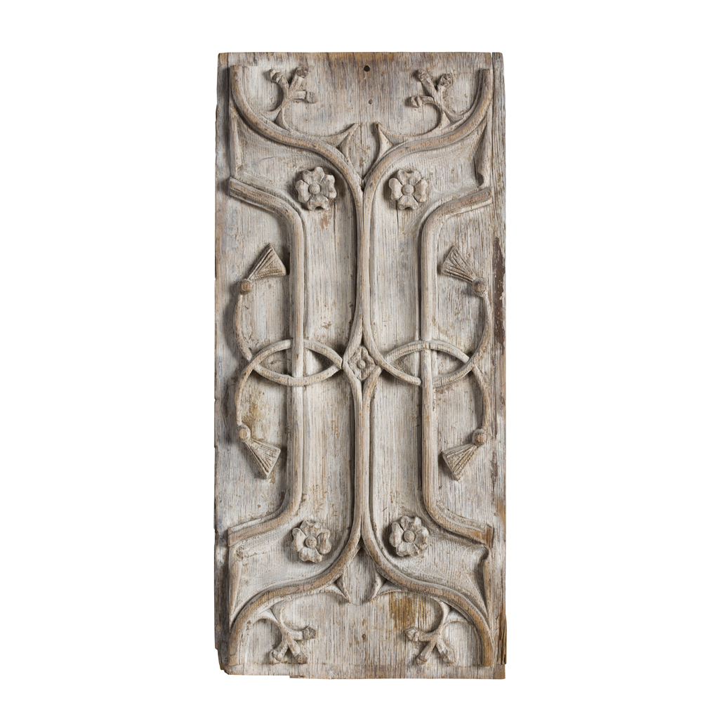 FOUR CARVED AND LIMED OAK PANELS