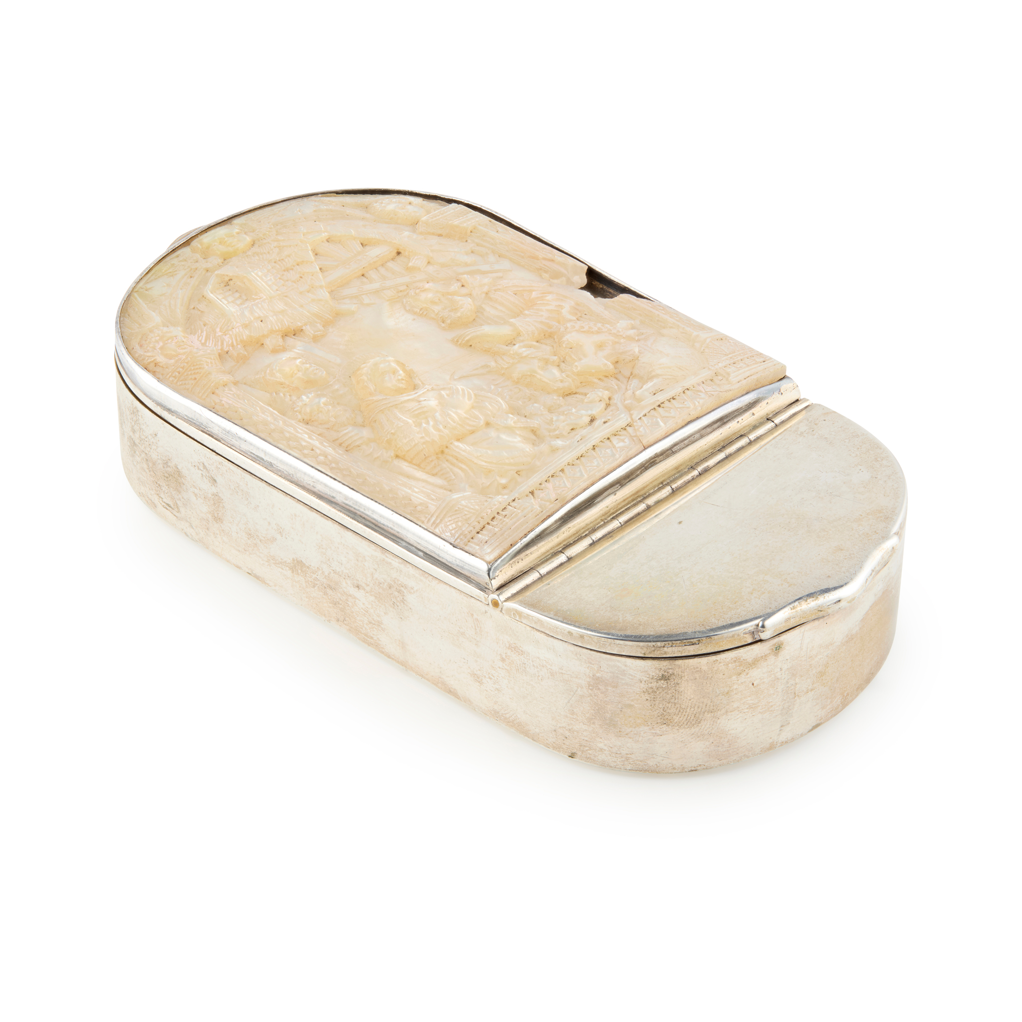 AN EARLY 19TH CENTURY SWEDISH MOTHER OF PEARL NATIVITY SCENE BOX