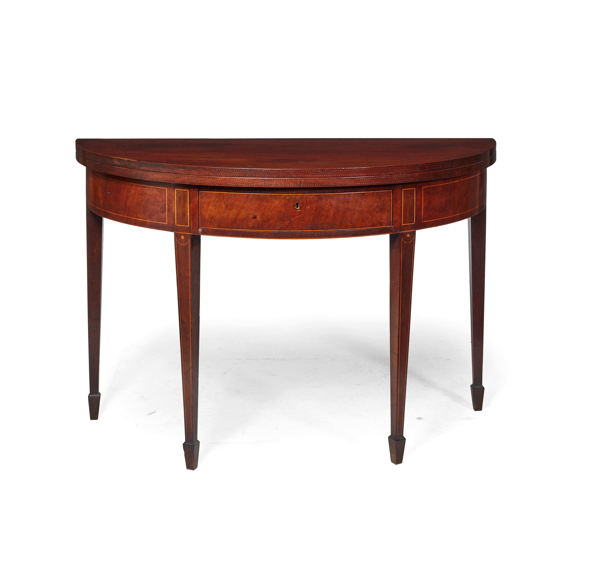 SCOTTISH GEORGE III MAHOGANY AND BOXWOOD INLAID FOLD-OVER DEMILUNE TEA TABLE