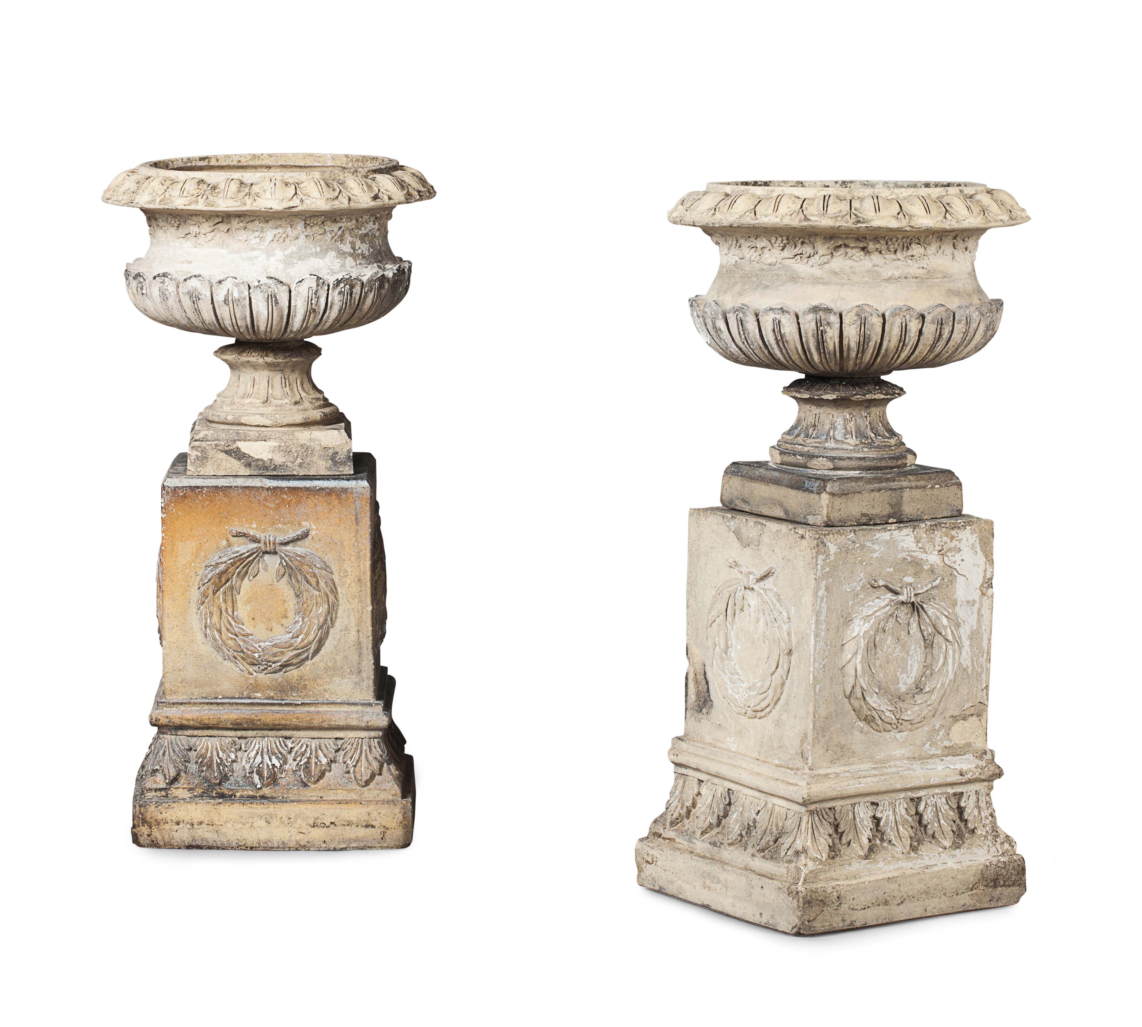 PAIR OF SCOTTISH 'GARNKIRK' FIRE-CLAY URNS AND STAND