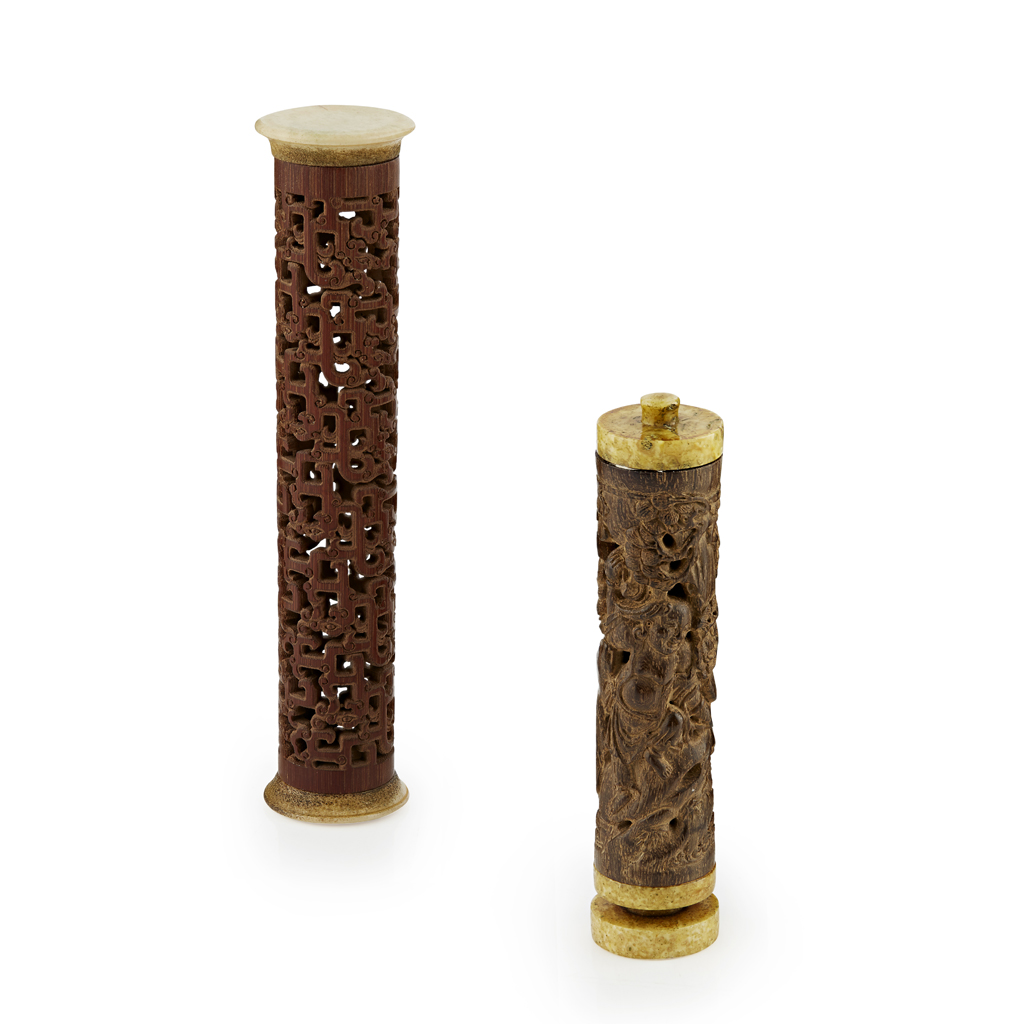 TWO BAMBOO INCENSE HOLDERS