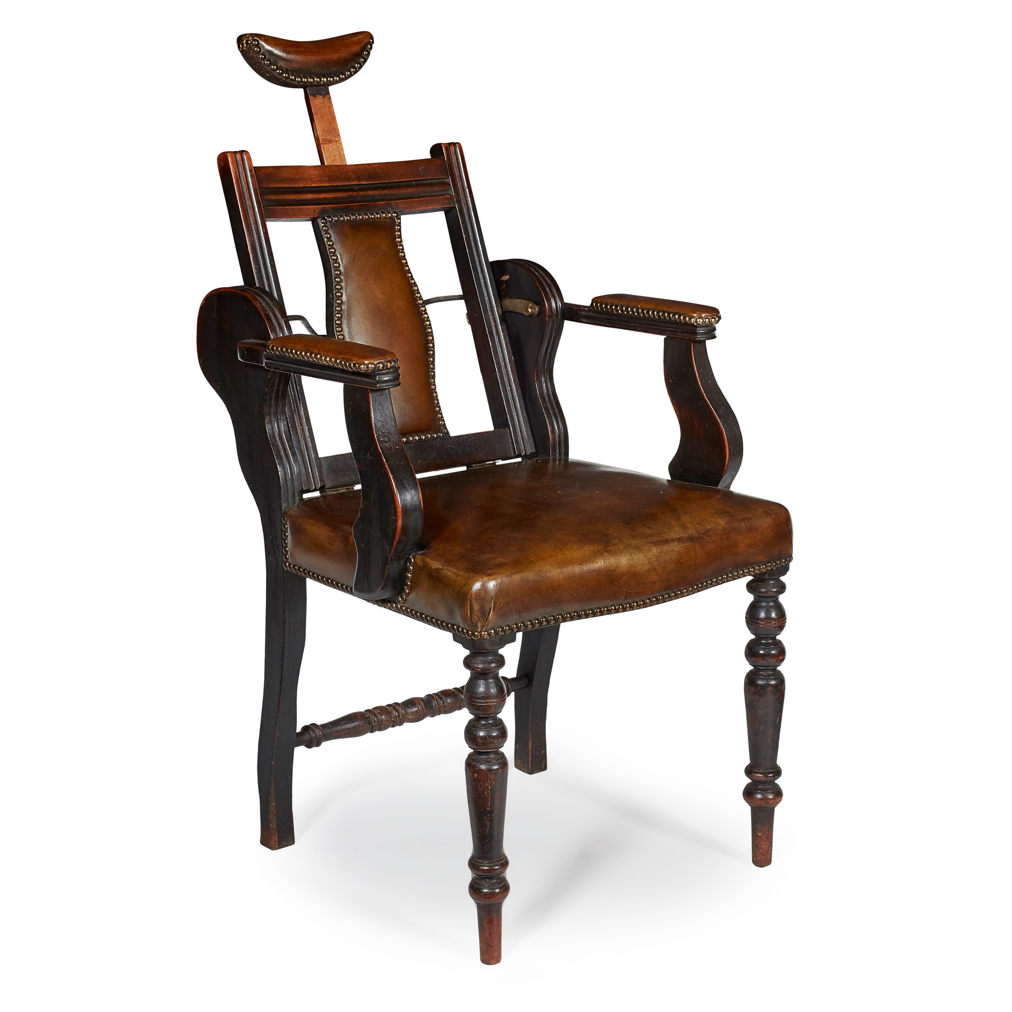 EARLY VICTORIAN STAINED FRUITWOOD AND LEATHER BARBER'S CHAIR