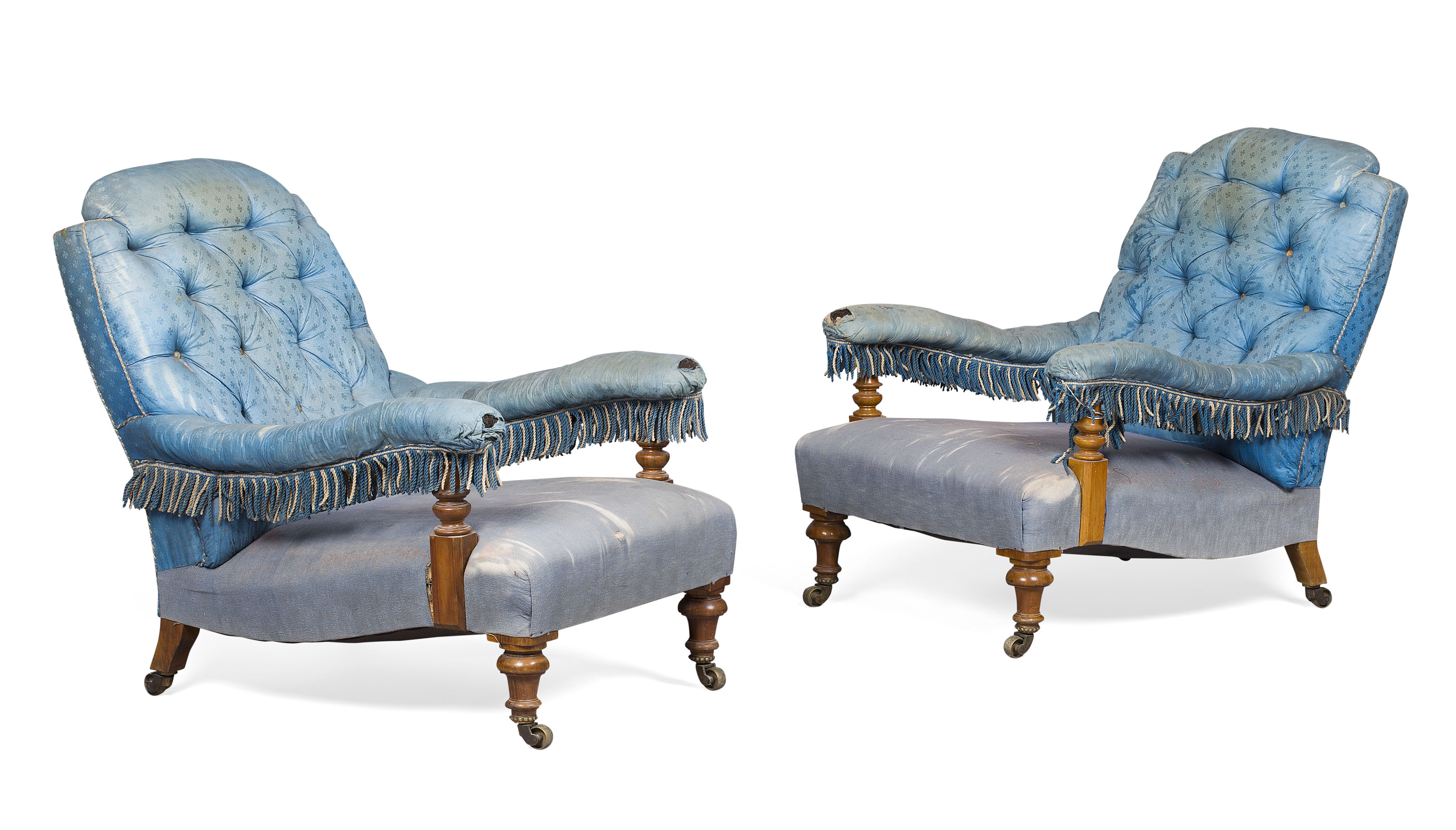 PAIR OF VICTORIAN HOWARD STYLE BUTTON-TUFTED OPEN ARMCHAIRS