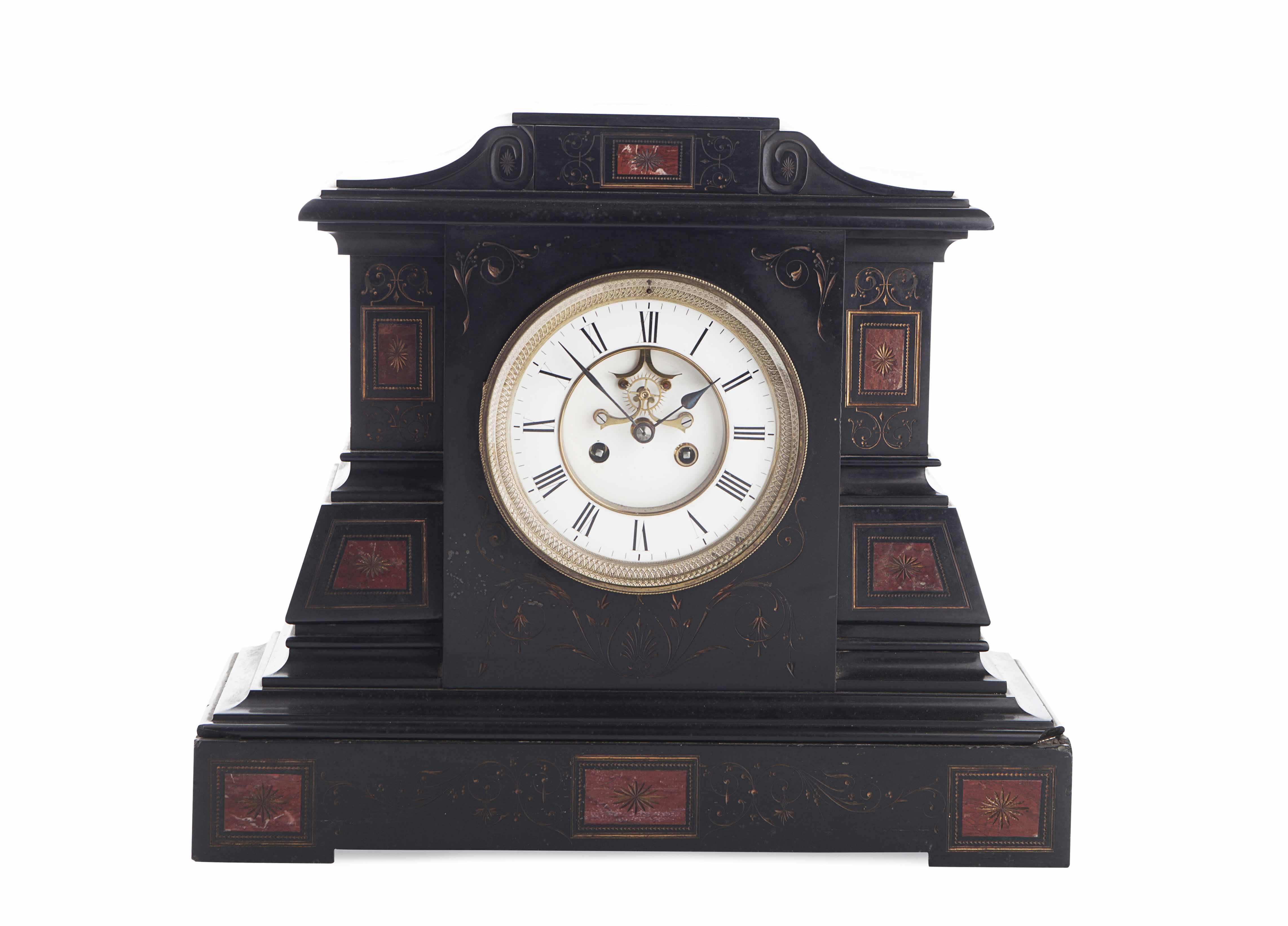 EARLY VICTORIAN POLISHED SLATE AND MARBLE MANTLE CLOCK