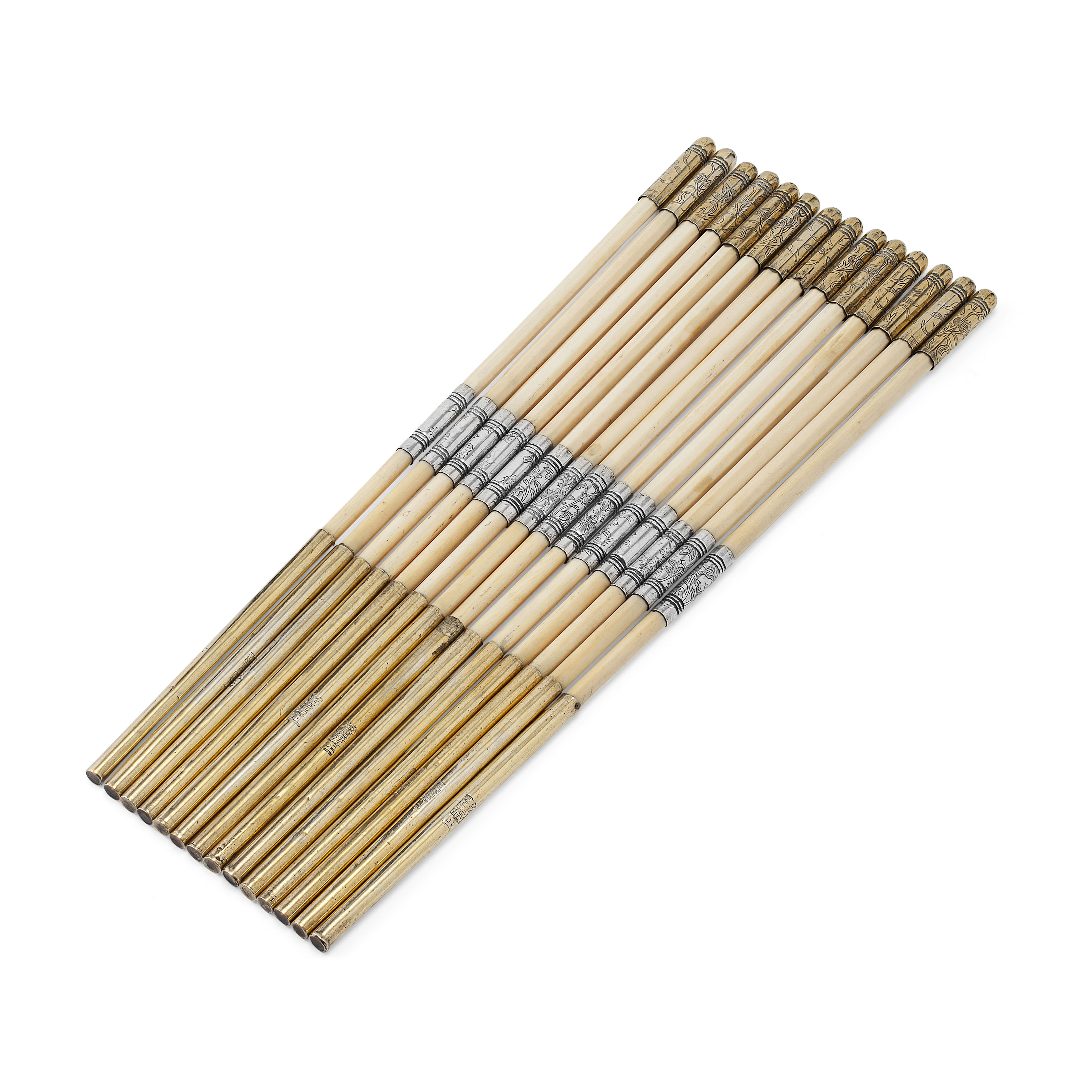 SEVEN PAIRS OF IVORY AND GILT METAL CHOP STICKS
