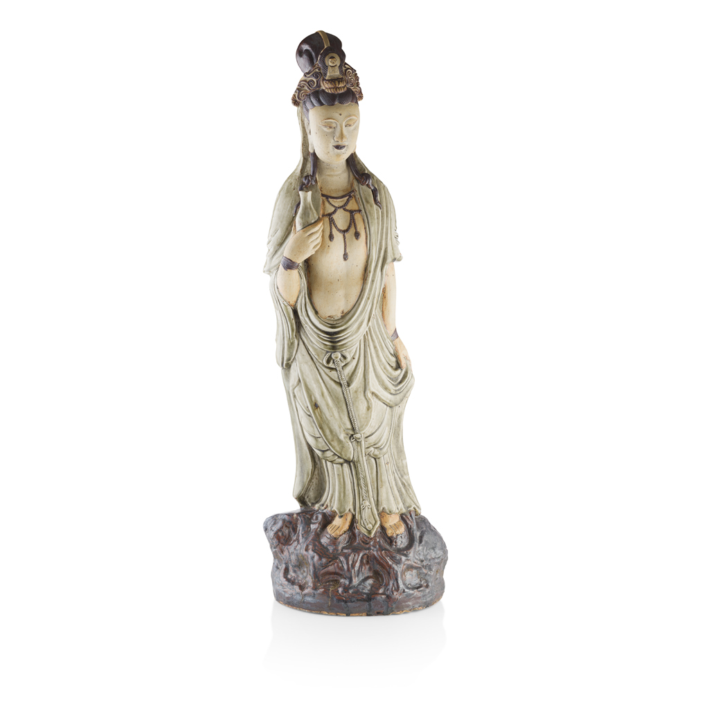 LARGE SHIWAN EARTHENWARE FIGURE OF GUANYIN