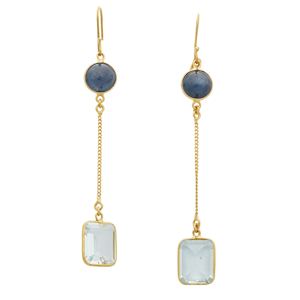 A pair of aquamarine and sapphire set pendant earrings
