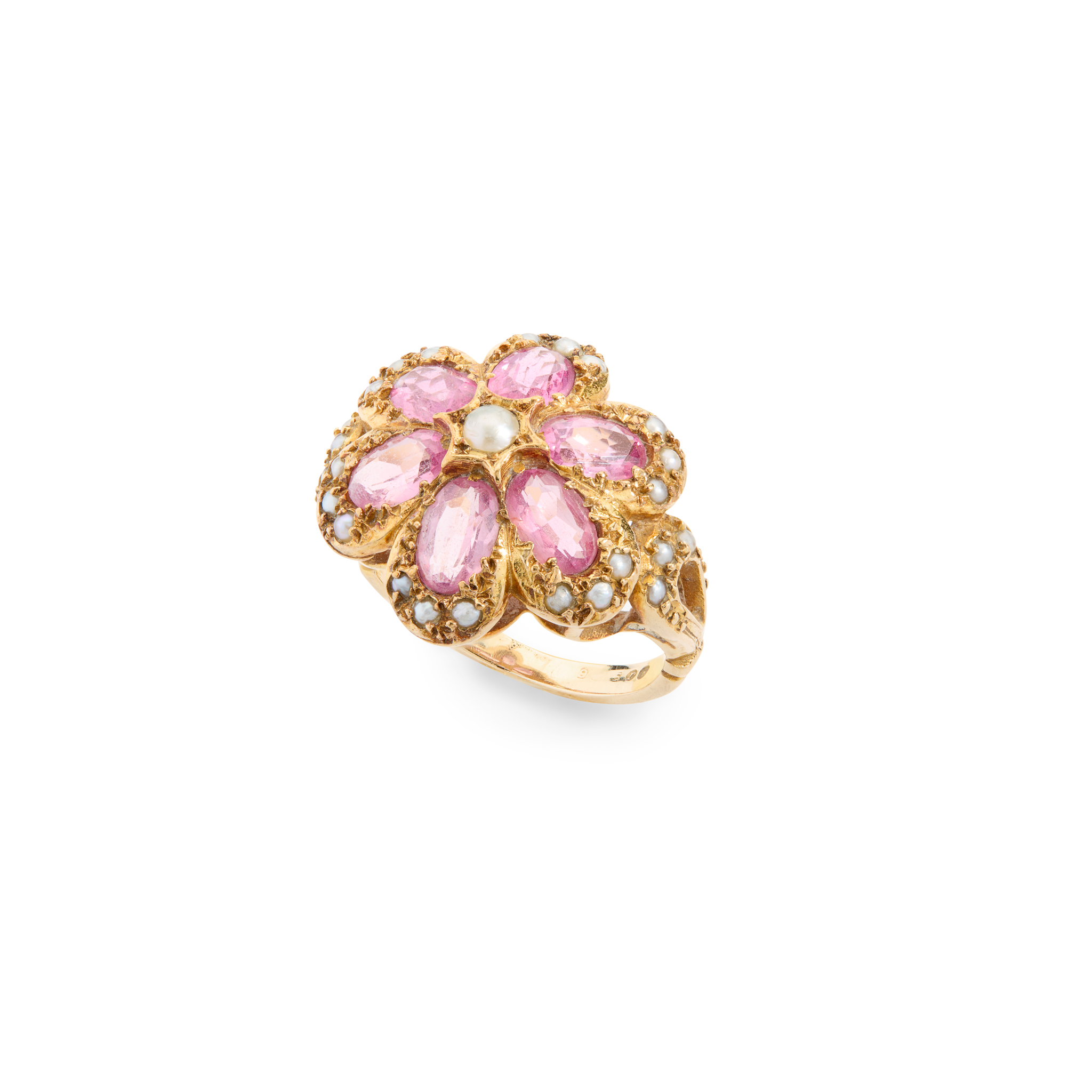 A 9ct gold pink topaz and seed pearl cluster ring