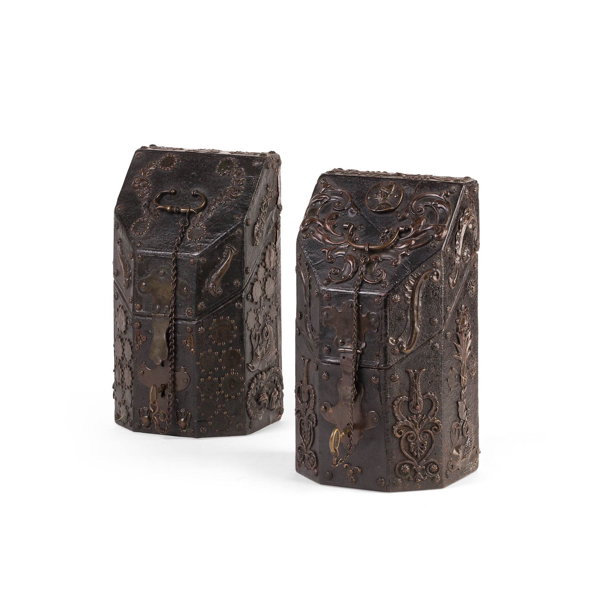 TWO SMALL CONTINENTAL LEATHER AND WHITE METAL MOUNTED CUTLERY BOXES