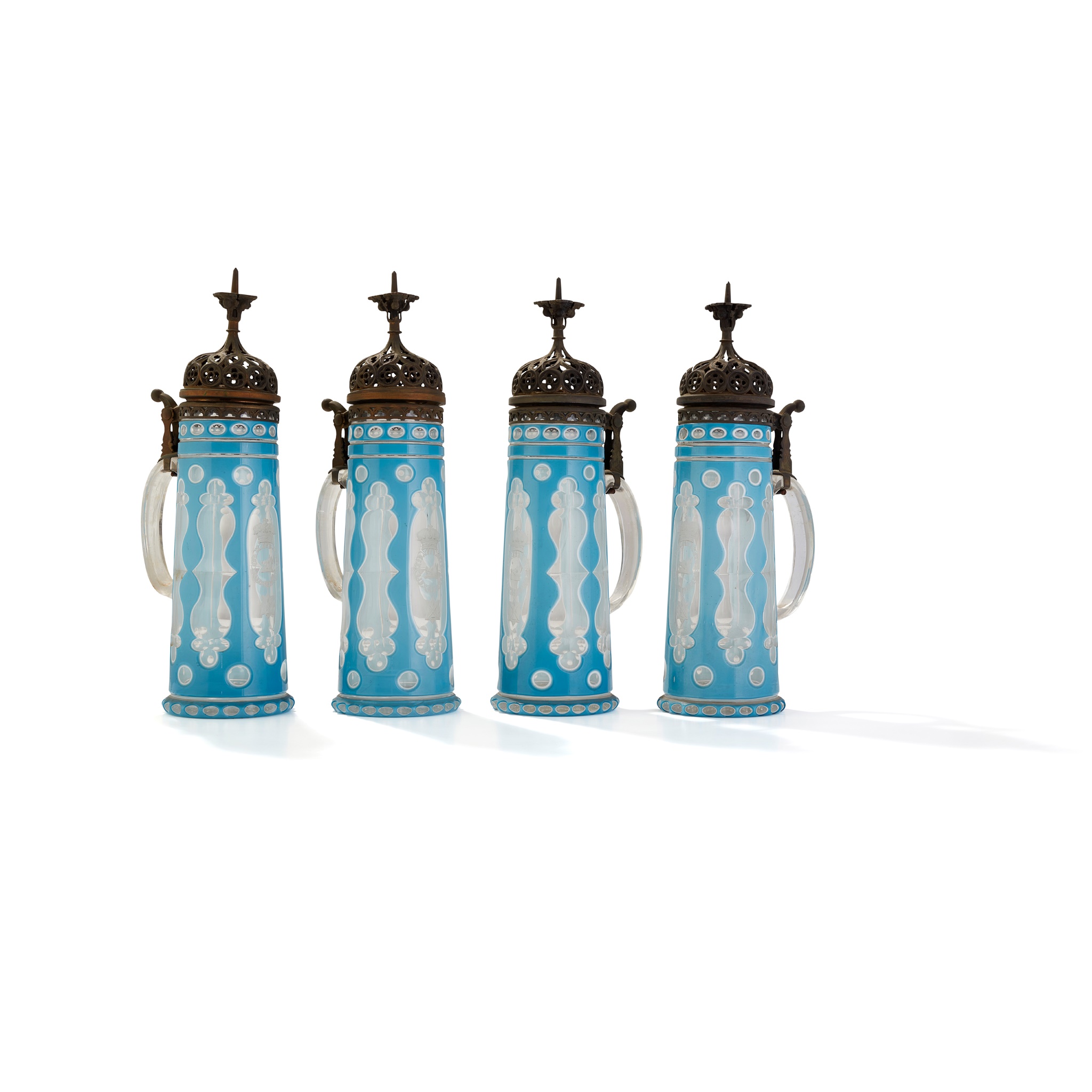 FOUR BOHEMIAN LAYERED GLASS TANKARDS
