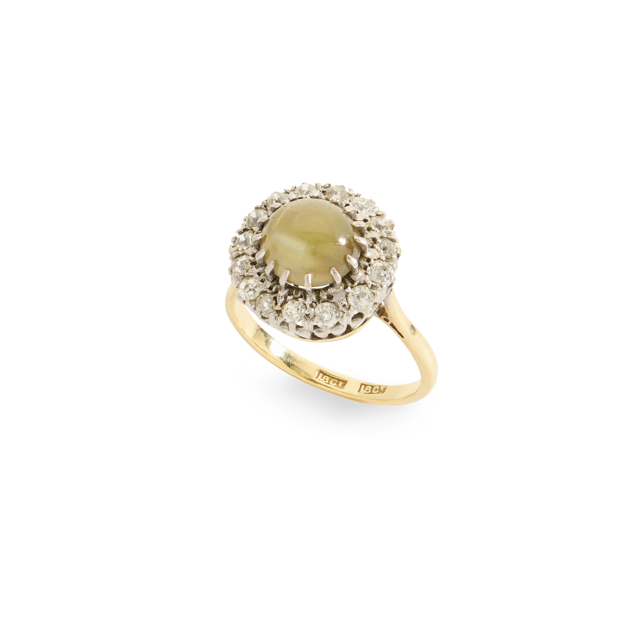 A cat’s-eye chrysoberyl and diamond cluster ring