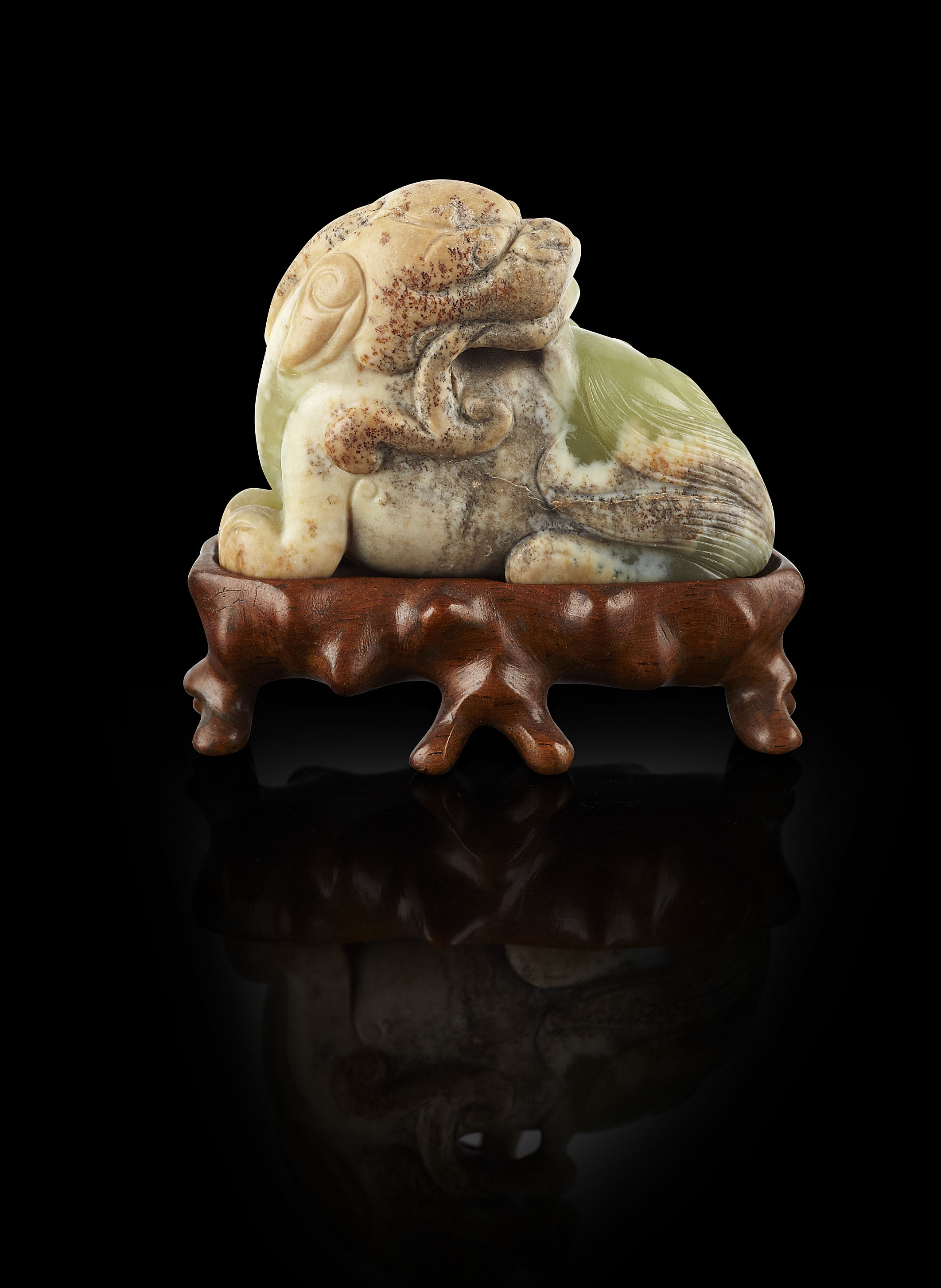 SMALL CHINESE YELLOW JADE FIGURE OF A RECUMBENT MYTHICAL BEAST