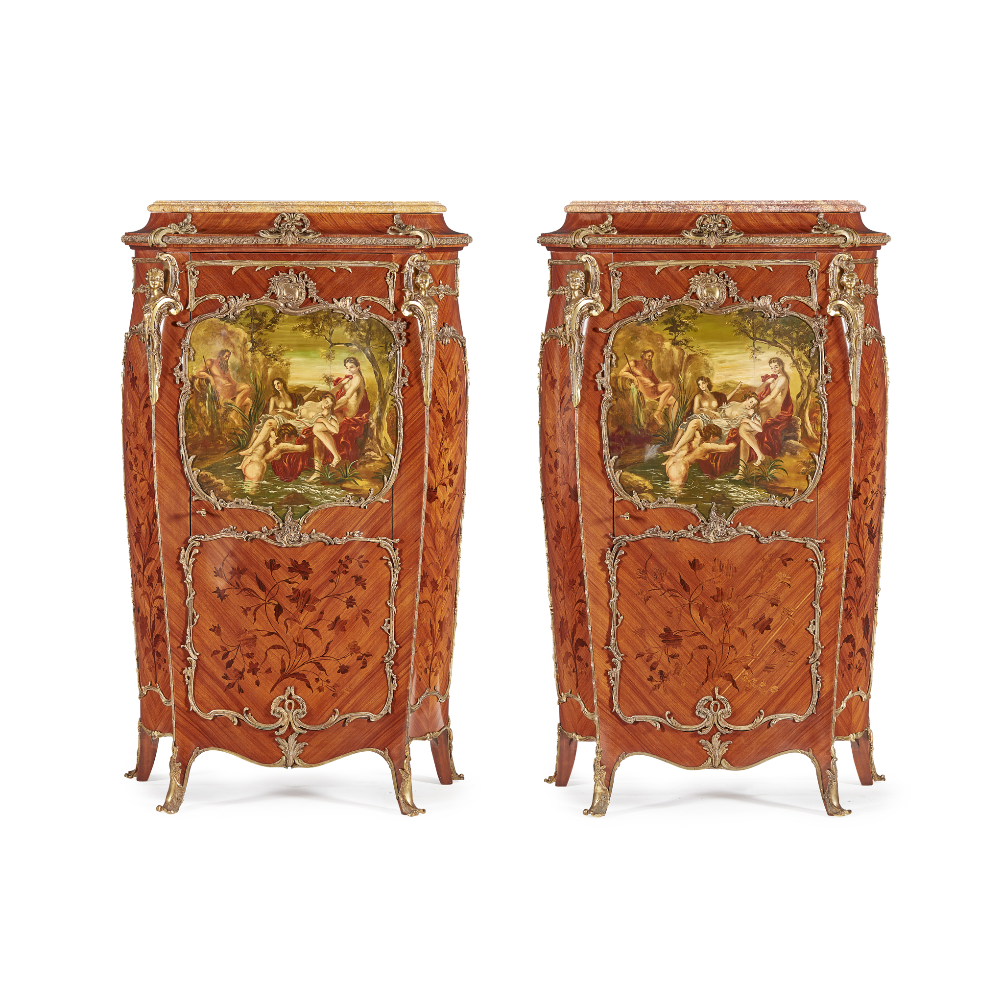 PAIR OF KINGWOOD, MARQUETRY, AND VERNIS MARTIN GILT METAL MOUNTED MARBLE TOPPED BOMBÉ CABINETS