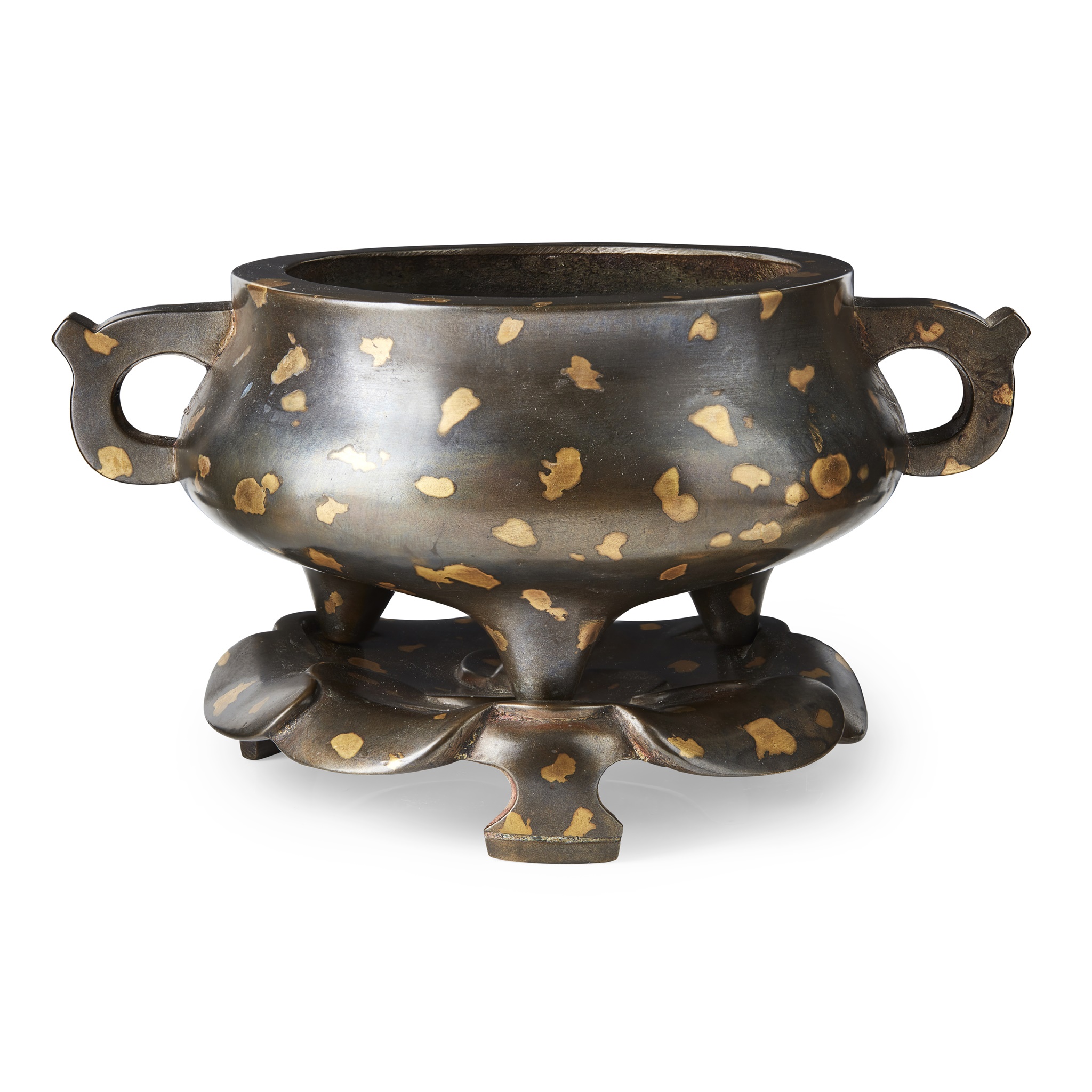 GOLD-SPLASHED BRONZE TRIPOD 'DING' CENSER WITH BASE