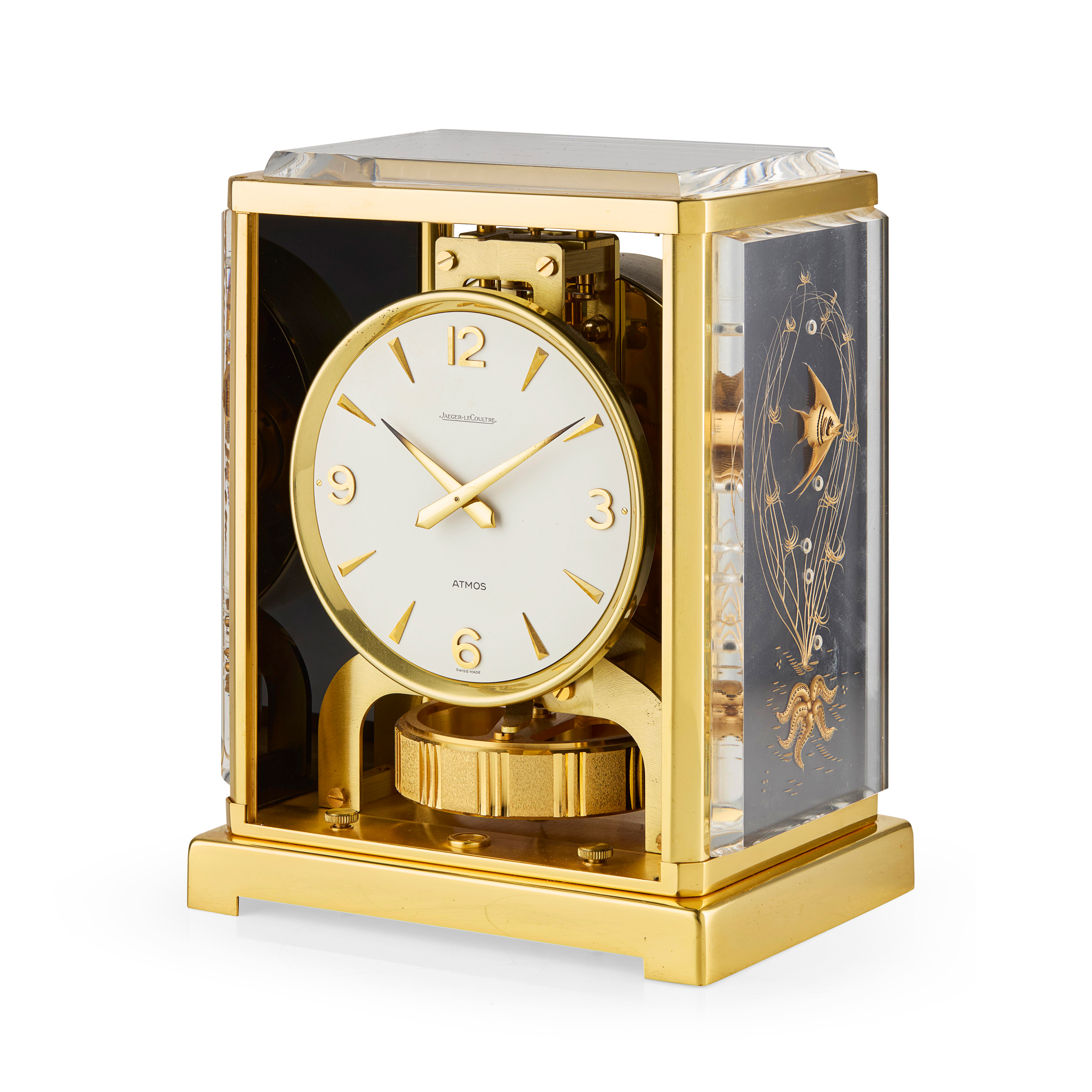SWISS GILT METAL AND LUCITE 'MARINA' ATMOS MANTEL CLOCK, JAEGER-LECOULTRE, GENEVA