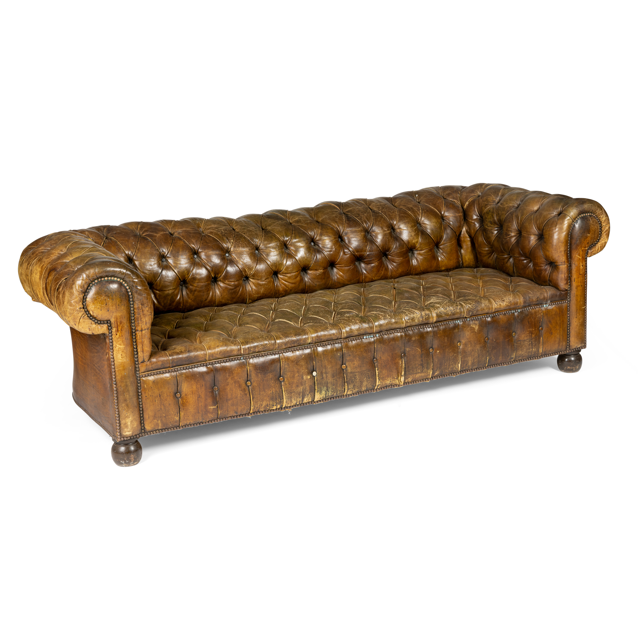 A GREEN LEATHER BUTTON UPHOLSTERED CHESTERFIELD SOFA