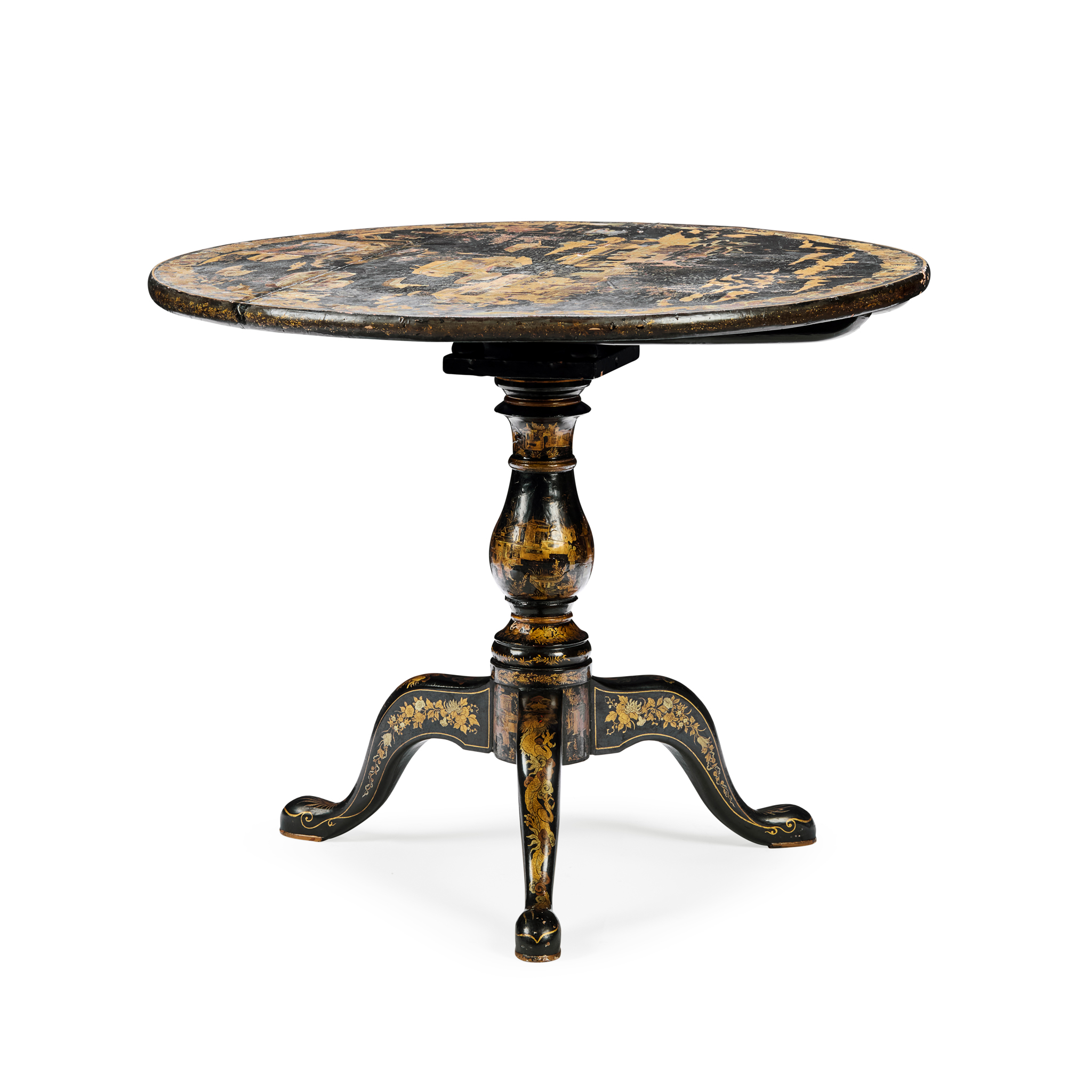 CHINESE EXPORT BLACK LACQUER AND GILT BIRDCAGE TEA TABLE