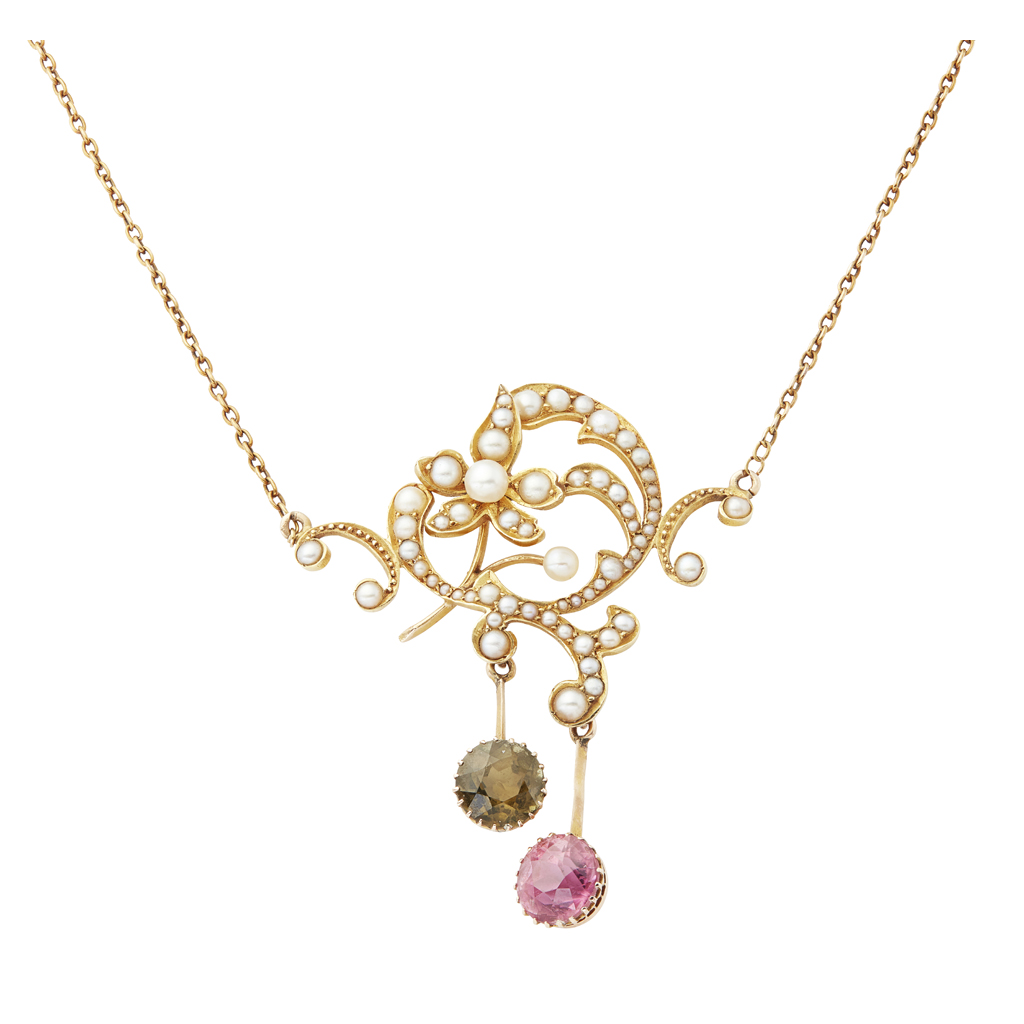 An Edwardian seed pearl and tourmaline set pendant