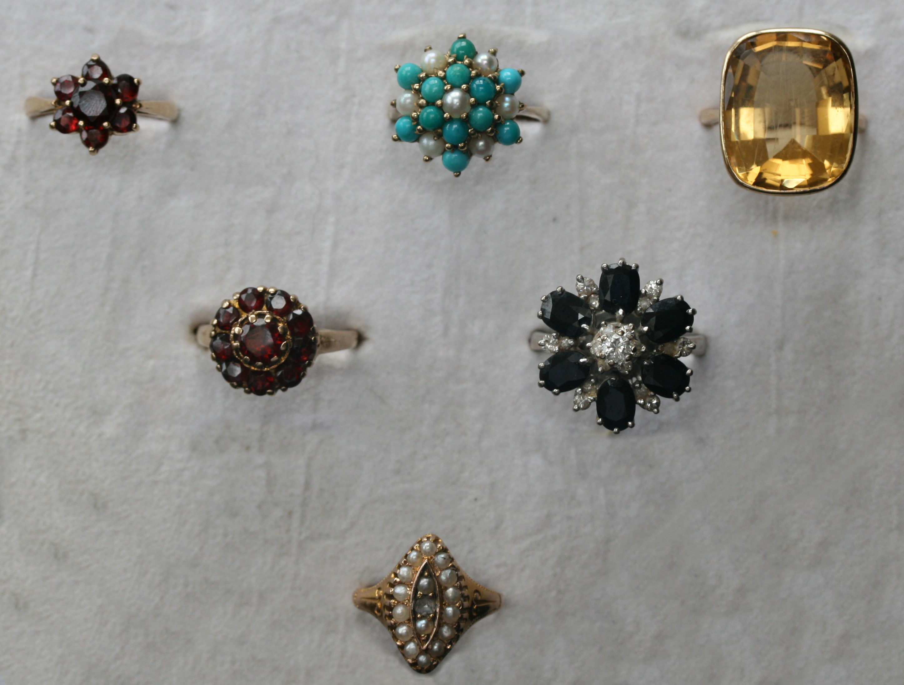 A group of six gold, diamond, sapphire and gem set rings