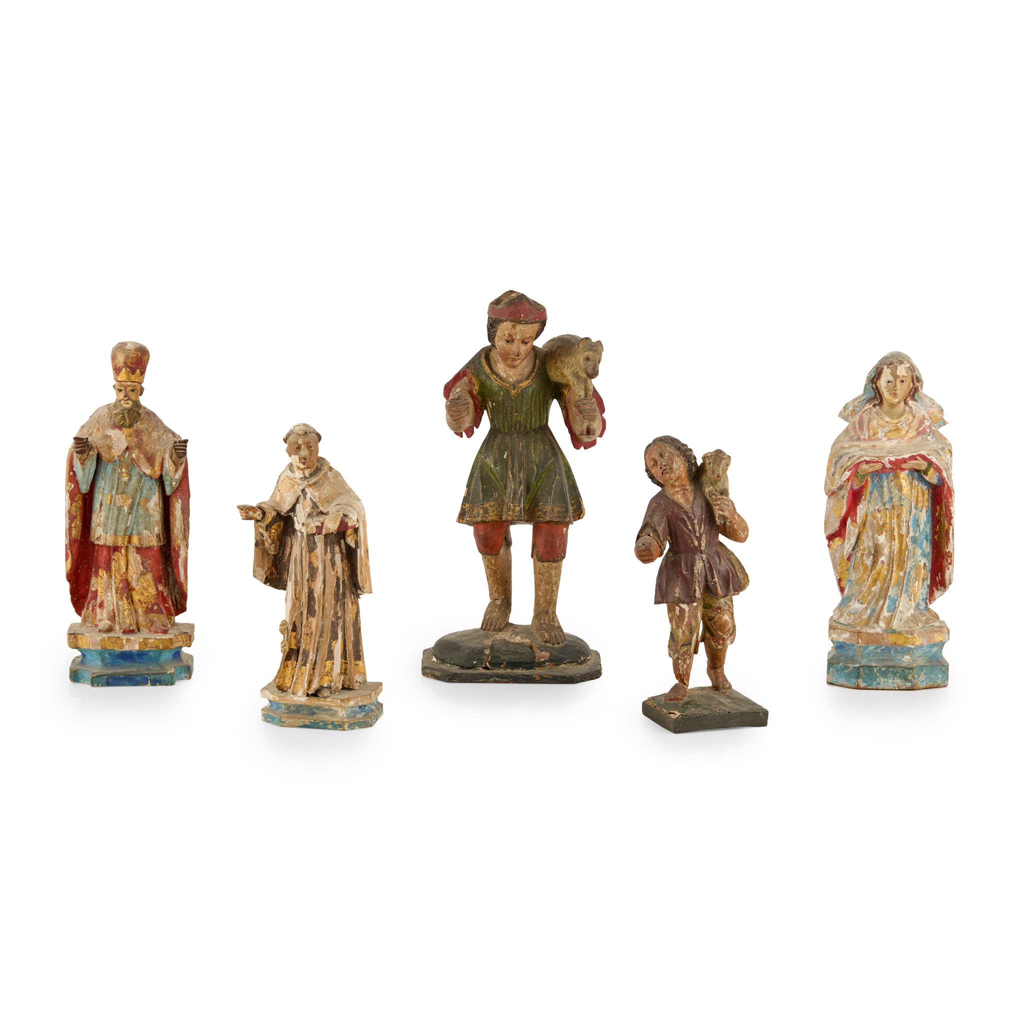 FIVE CONTINENTAL CARVED WOOD POLYCHROMED FIGURES
