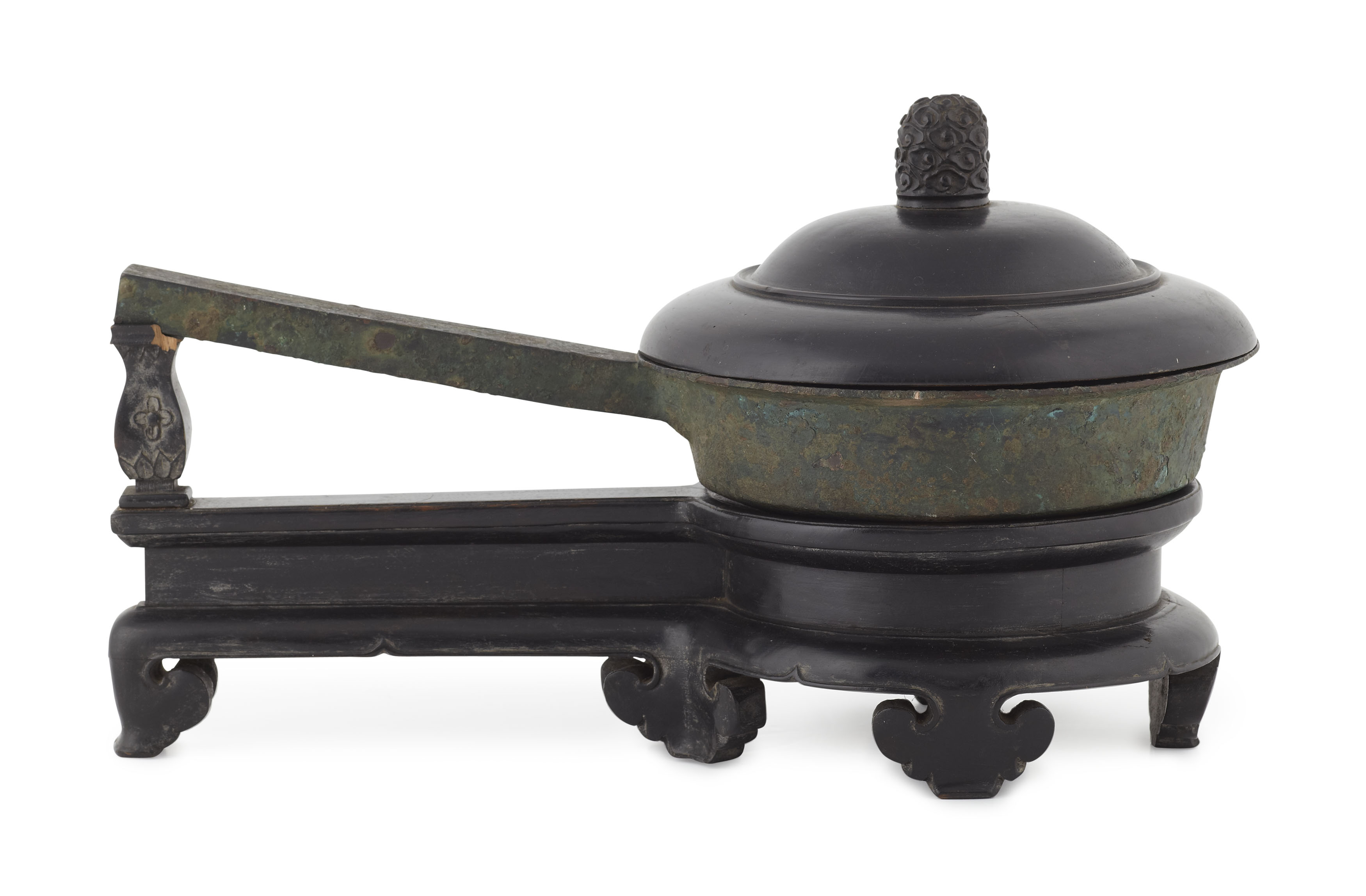 ARCHAIC BRONZE PAN AND WOOD STAND AND COVER
