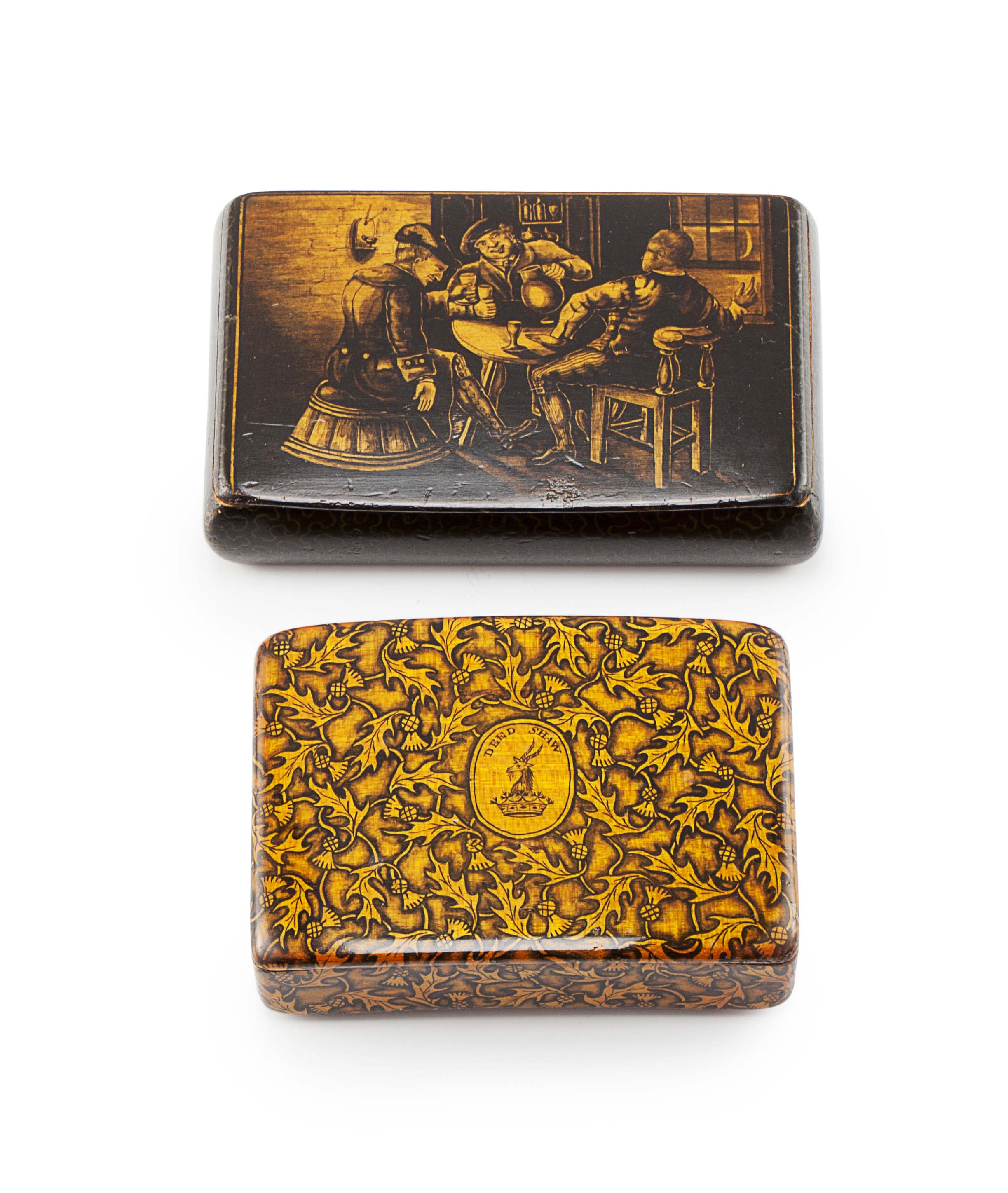 TWO MAUCHLINE WARE PENWORK SNUFF BOXES