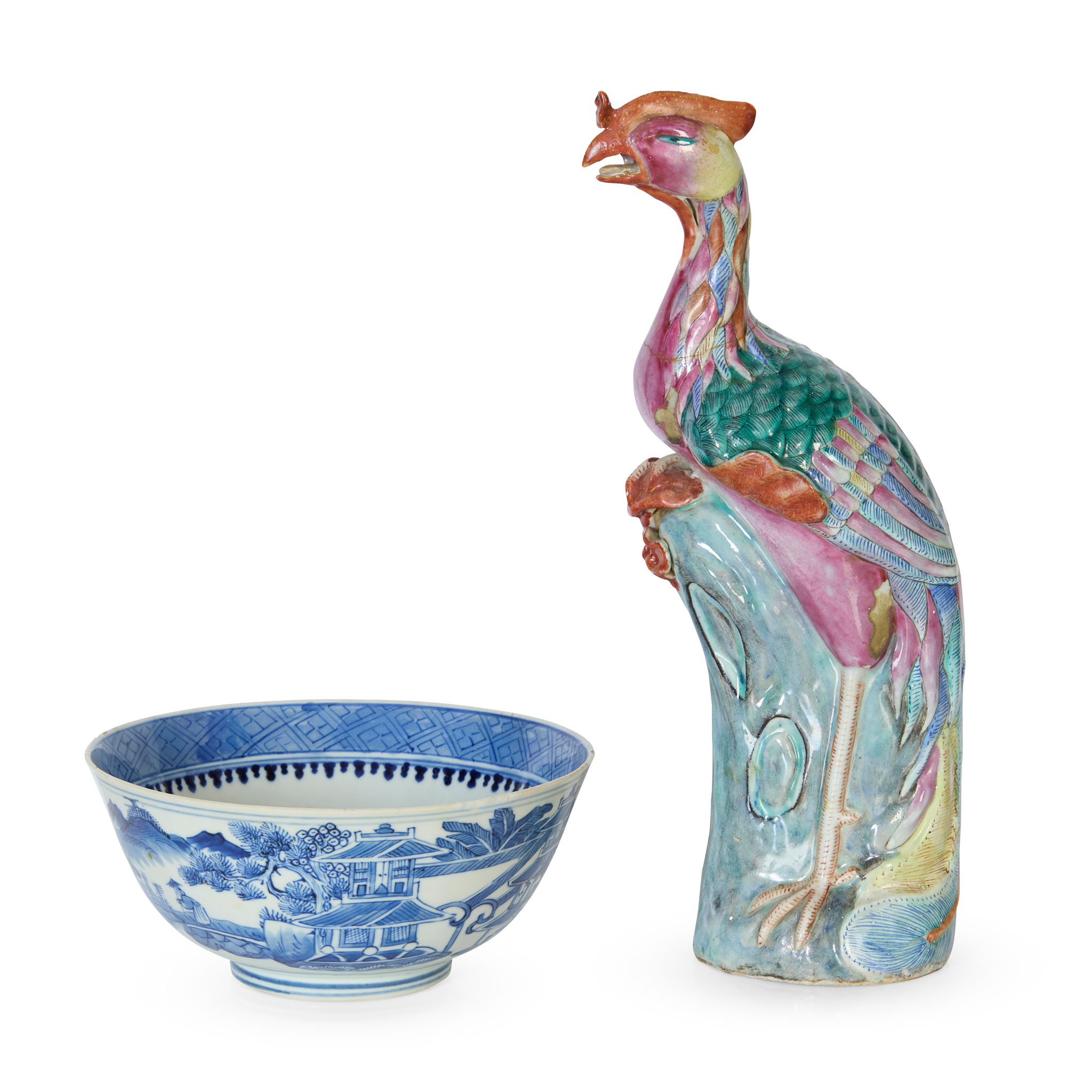 CHINESE EXPORT FAMILLE ROSE FIGURE OF A PHOENIX AND A BLUE AND WHITE BOWL