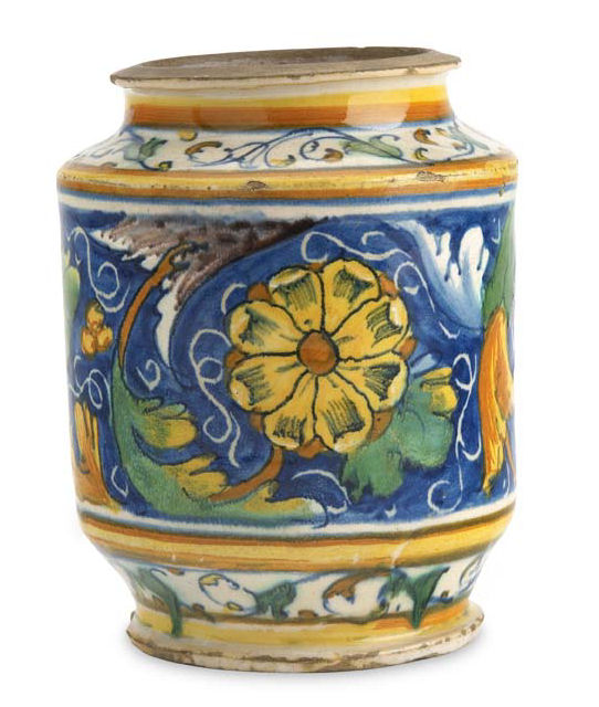 A 16th century Venice maiolica albarello, circa1560-1580 Probably from the workshop of Domenego Da Venezia