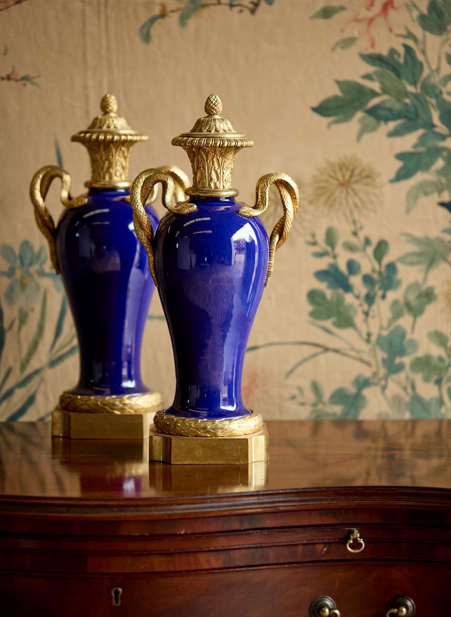 PAIR OF LOUIS XVI STYLE GILT BRONZE MOUNTED POWDER BLUE CHINESE PORCELAIN VASES